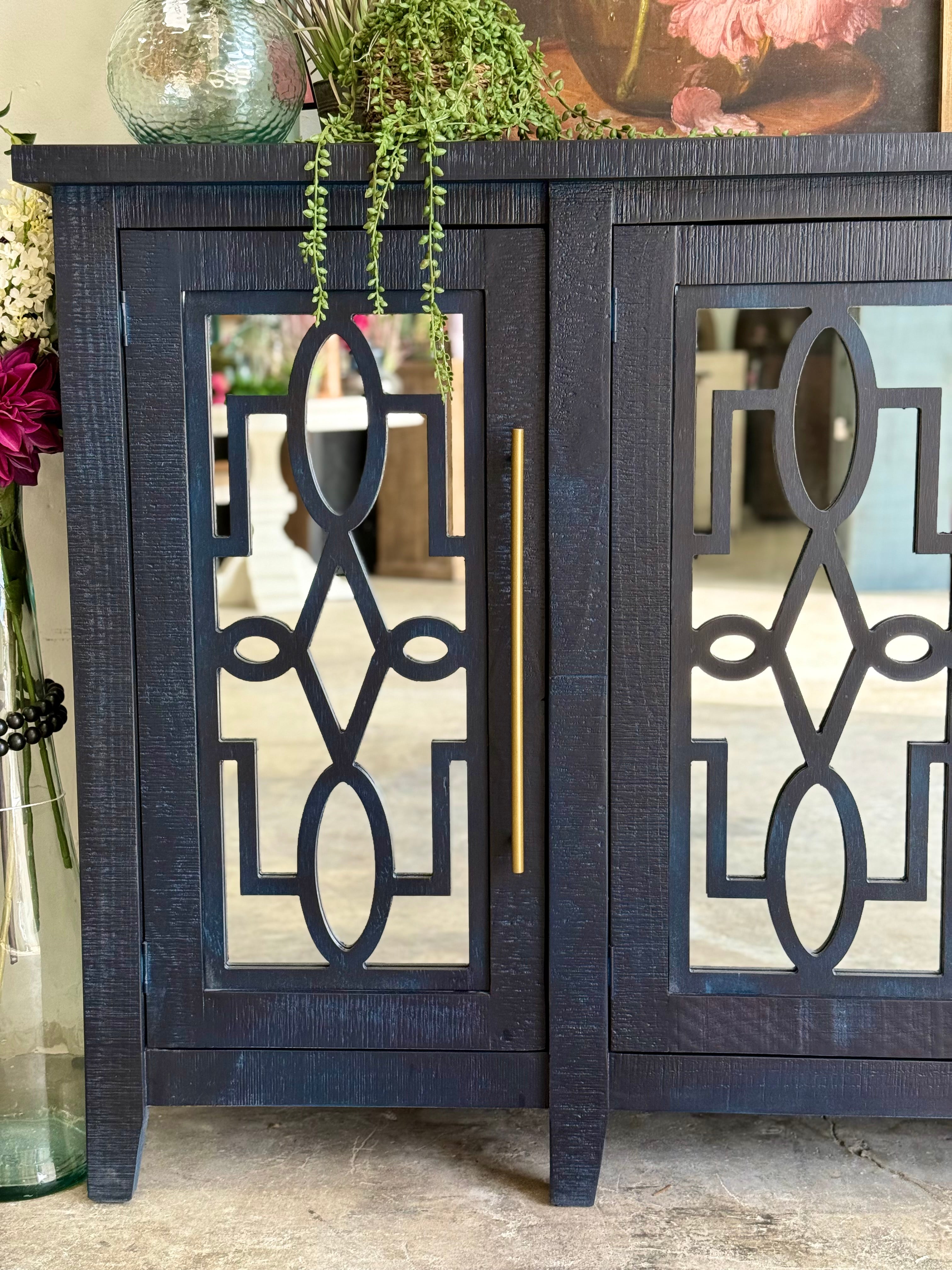 Ivy 4 Door Mirrored Console-Deep Blue and Gold