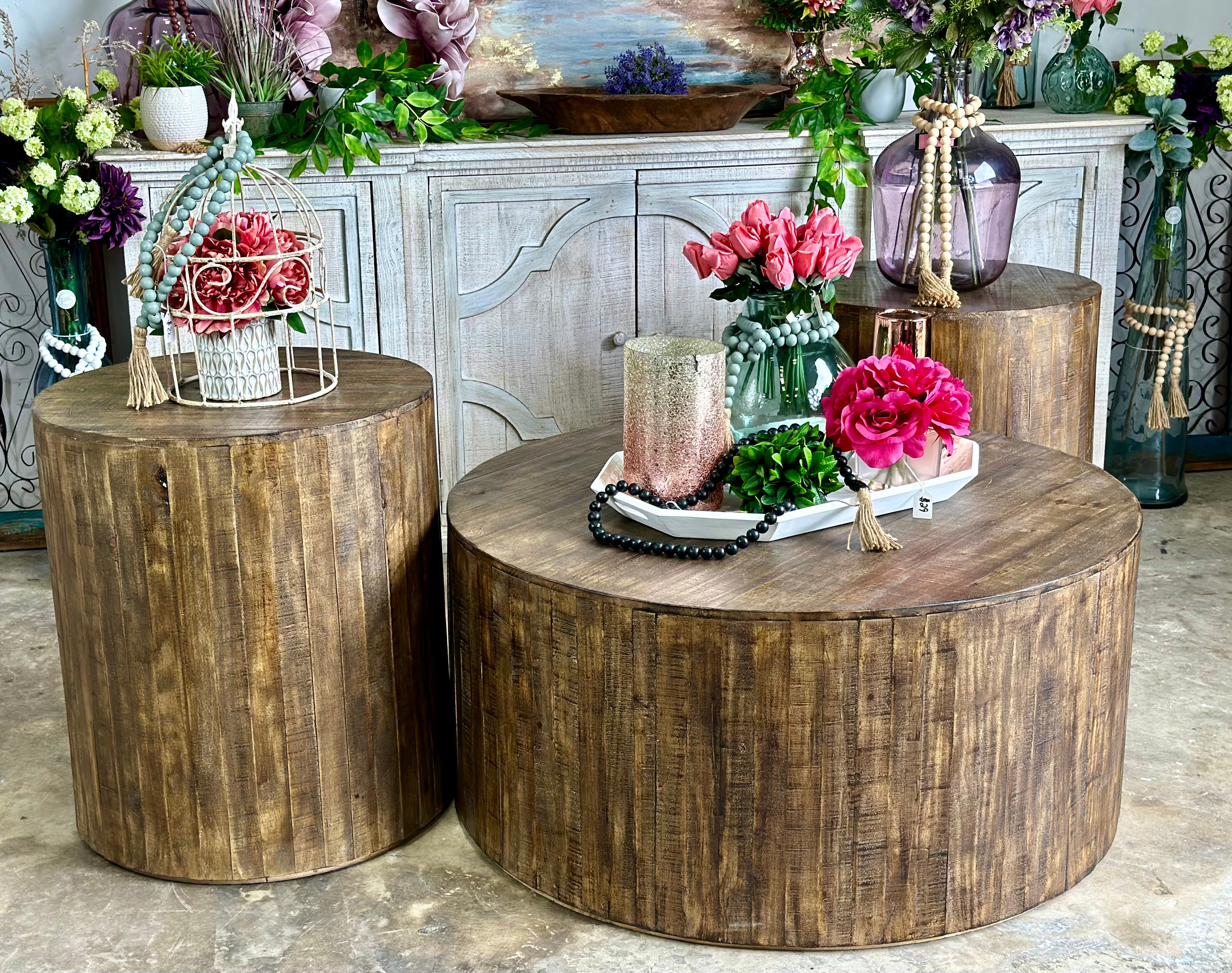 Round Drum Side Table-Pecan