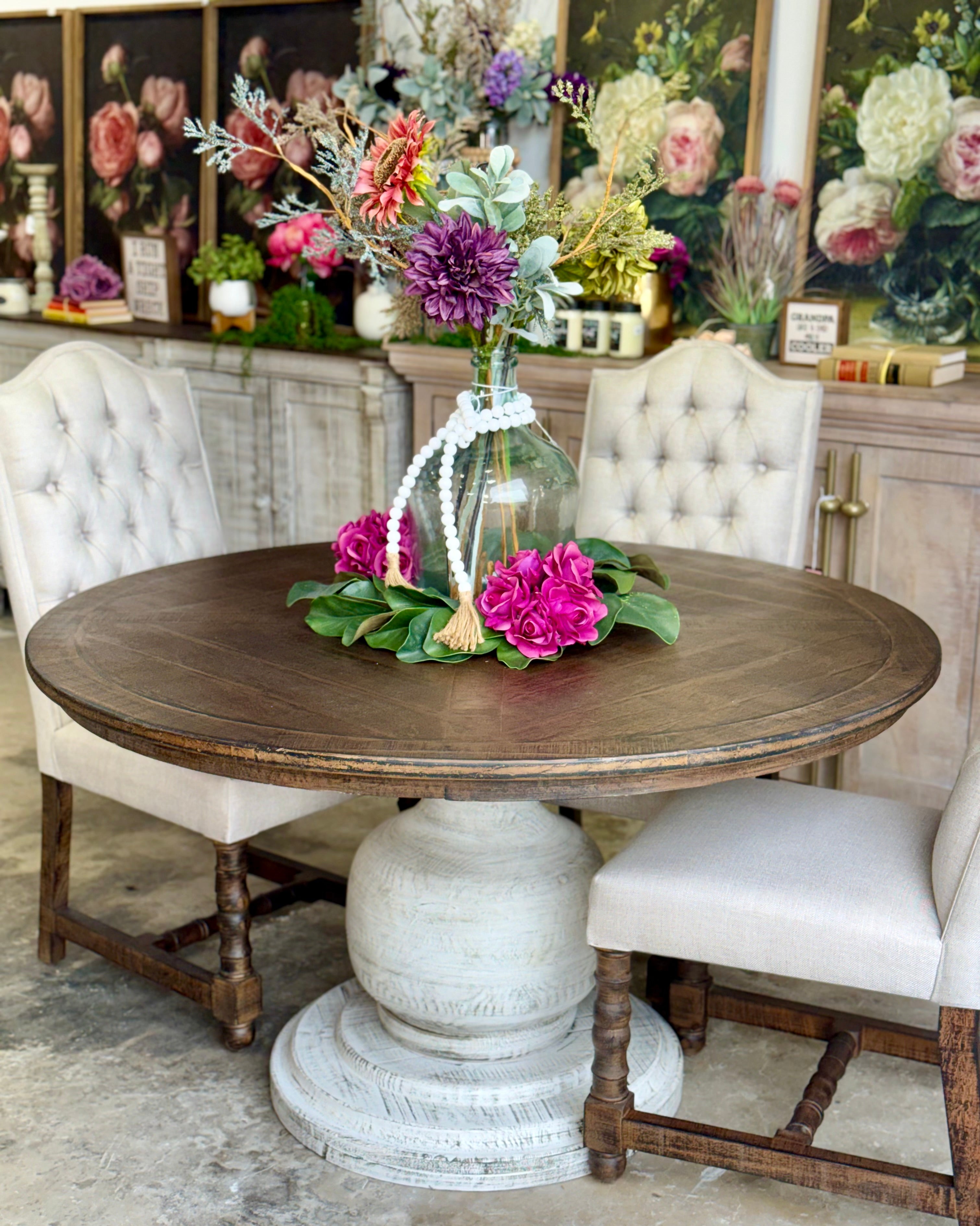 Lilly 54" Round Pedestal Dining Table-White Wheat/Honeywood