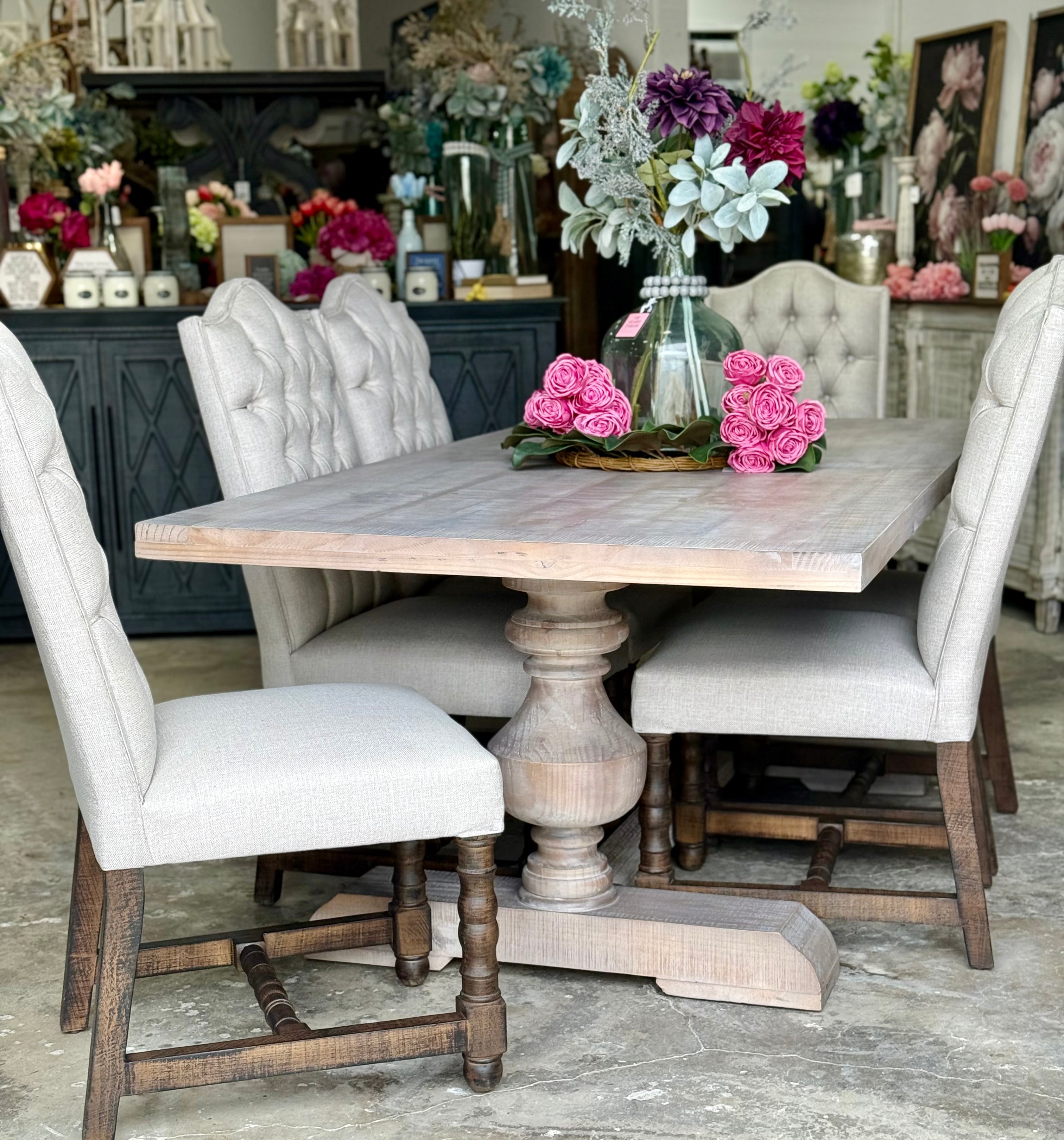 Hannah 7 Foot Dining Table Set With Chairs-Soft Drift/Honeywood Chairs