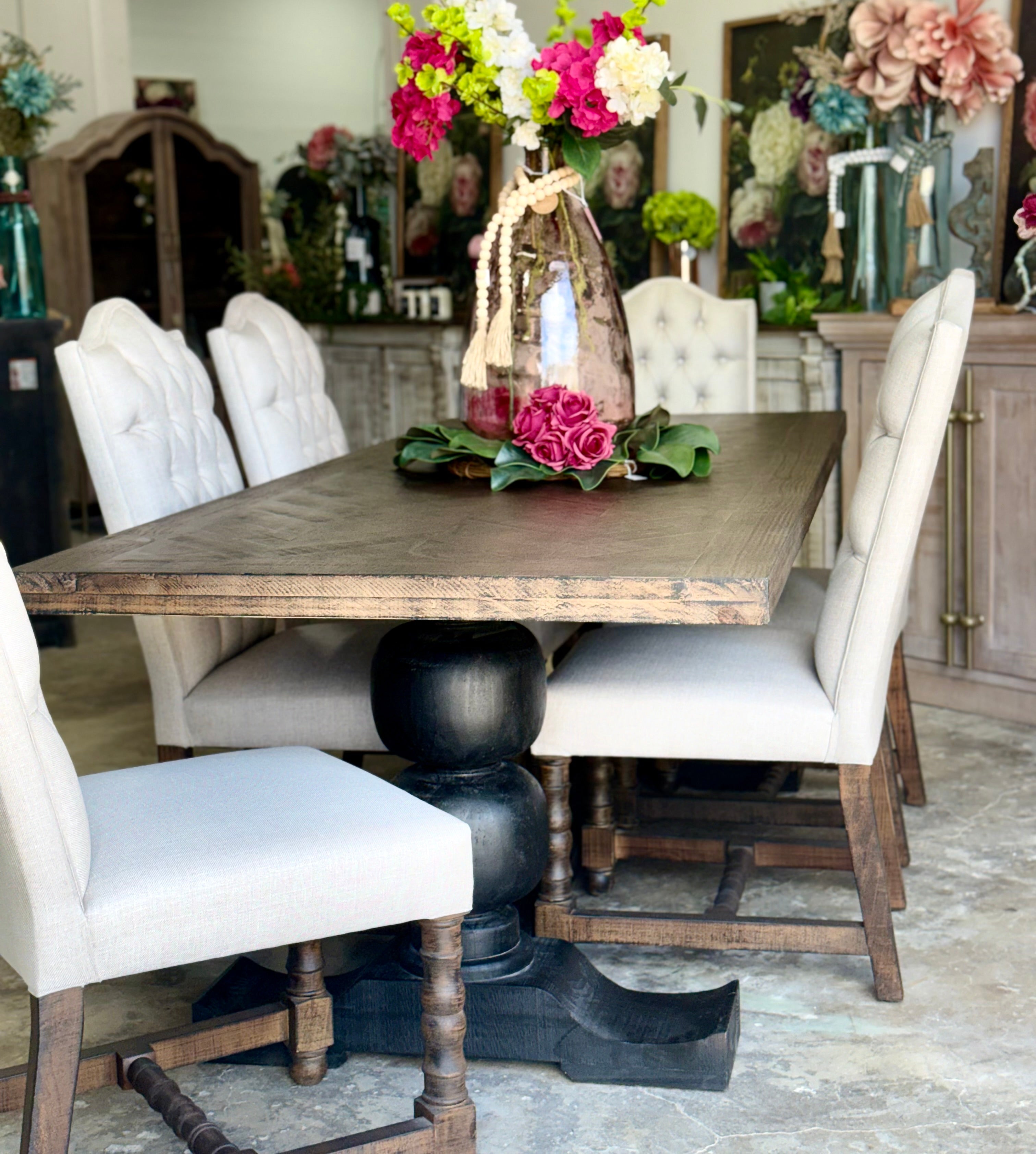 Myla 8 Foot Rounded Pedestal Table Set With 6 Upholstered chairs-Black/Honeywood™