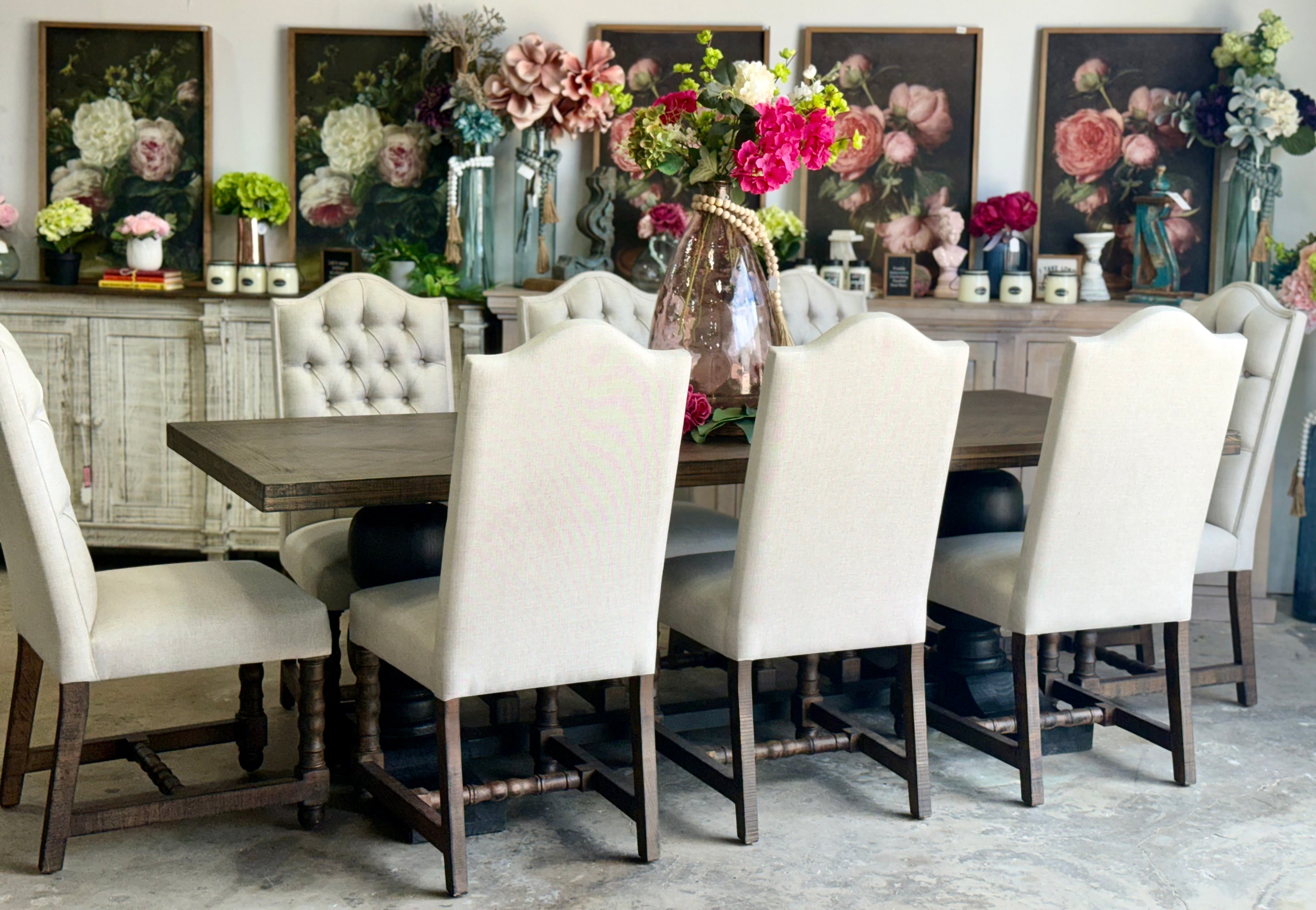 Myla 8 Foot Rounded Pedestal Table Set With 8 Upholstered chairs-Black/Honeywood™