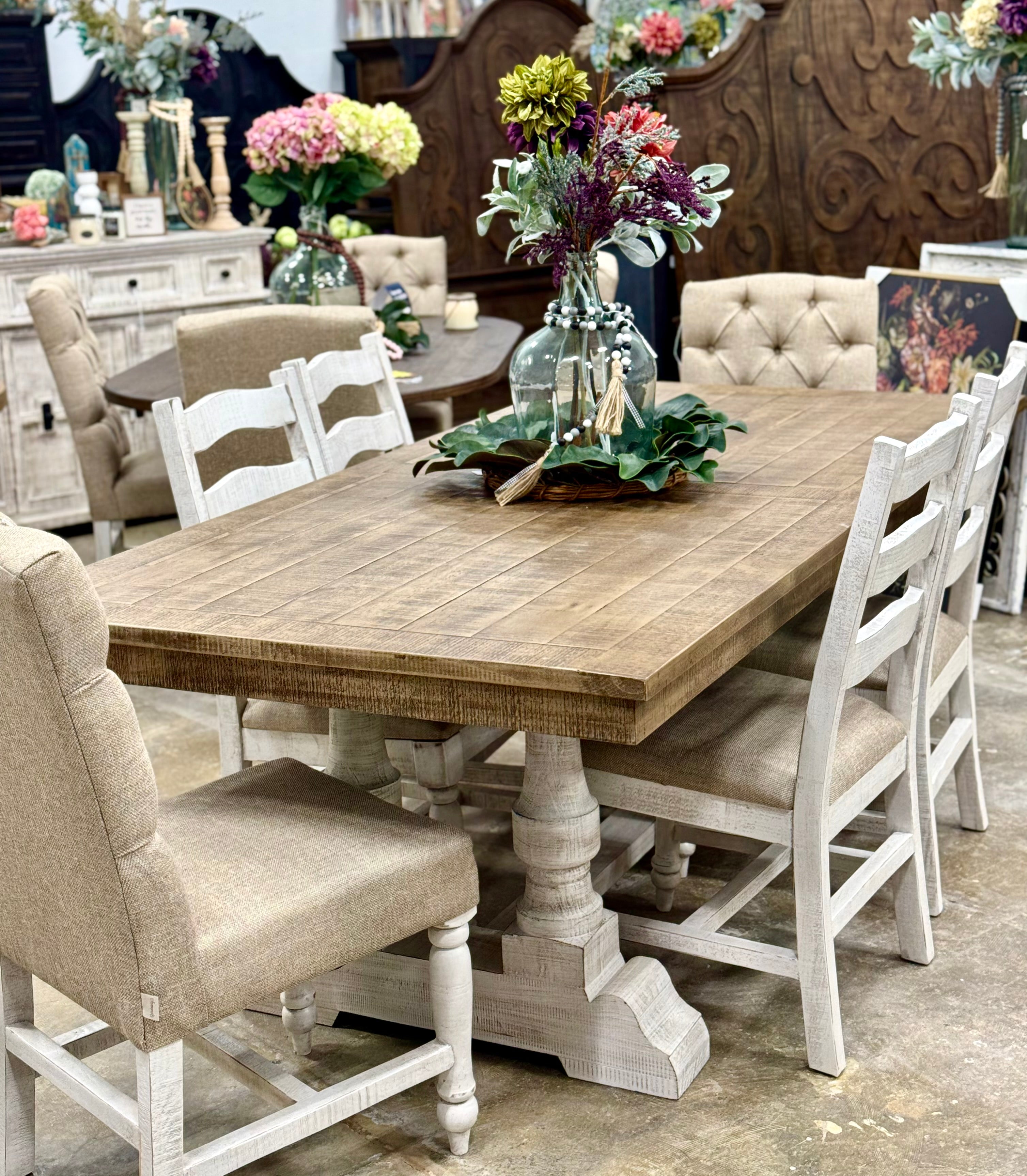 Ella 7 Foot Dining Table Set with 6 Upholstered Chairs-White Wheat/Sandstone