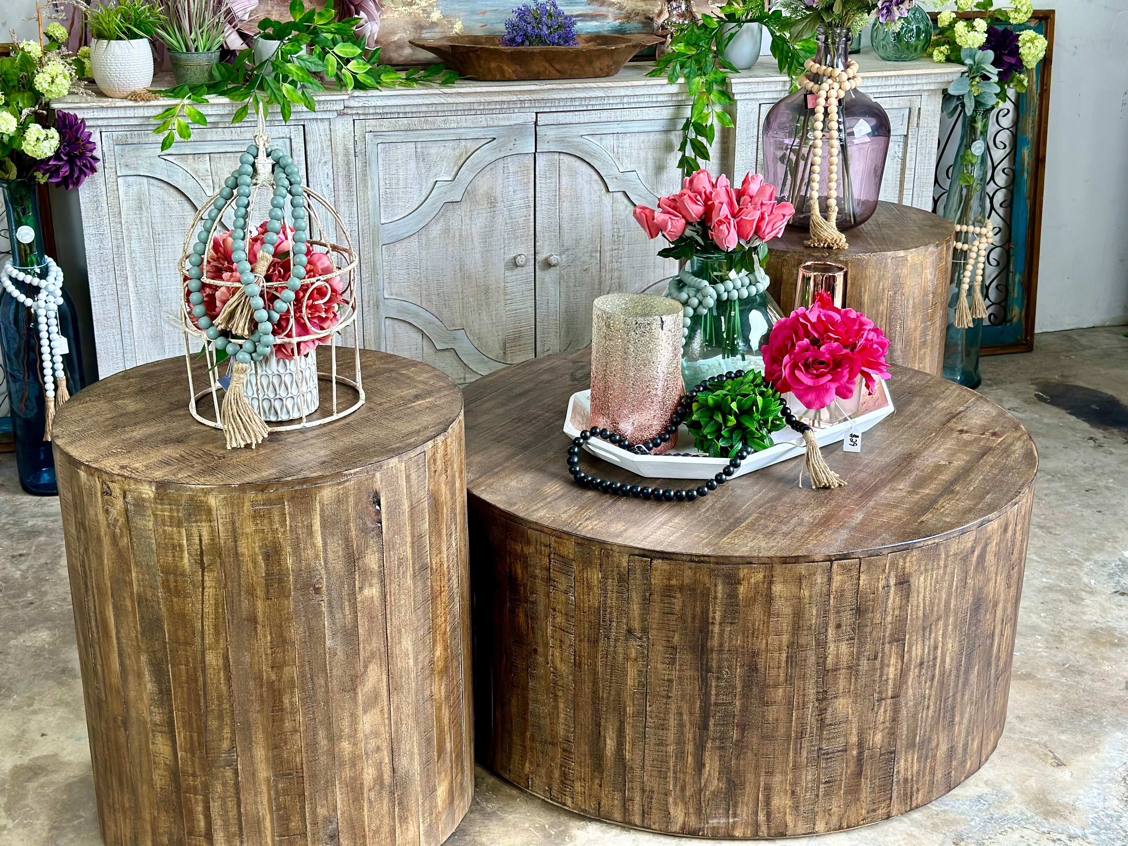 Round Drum Side Table-Pecan