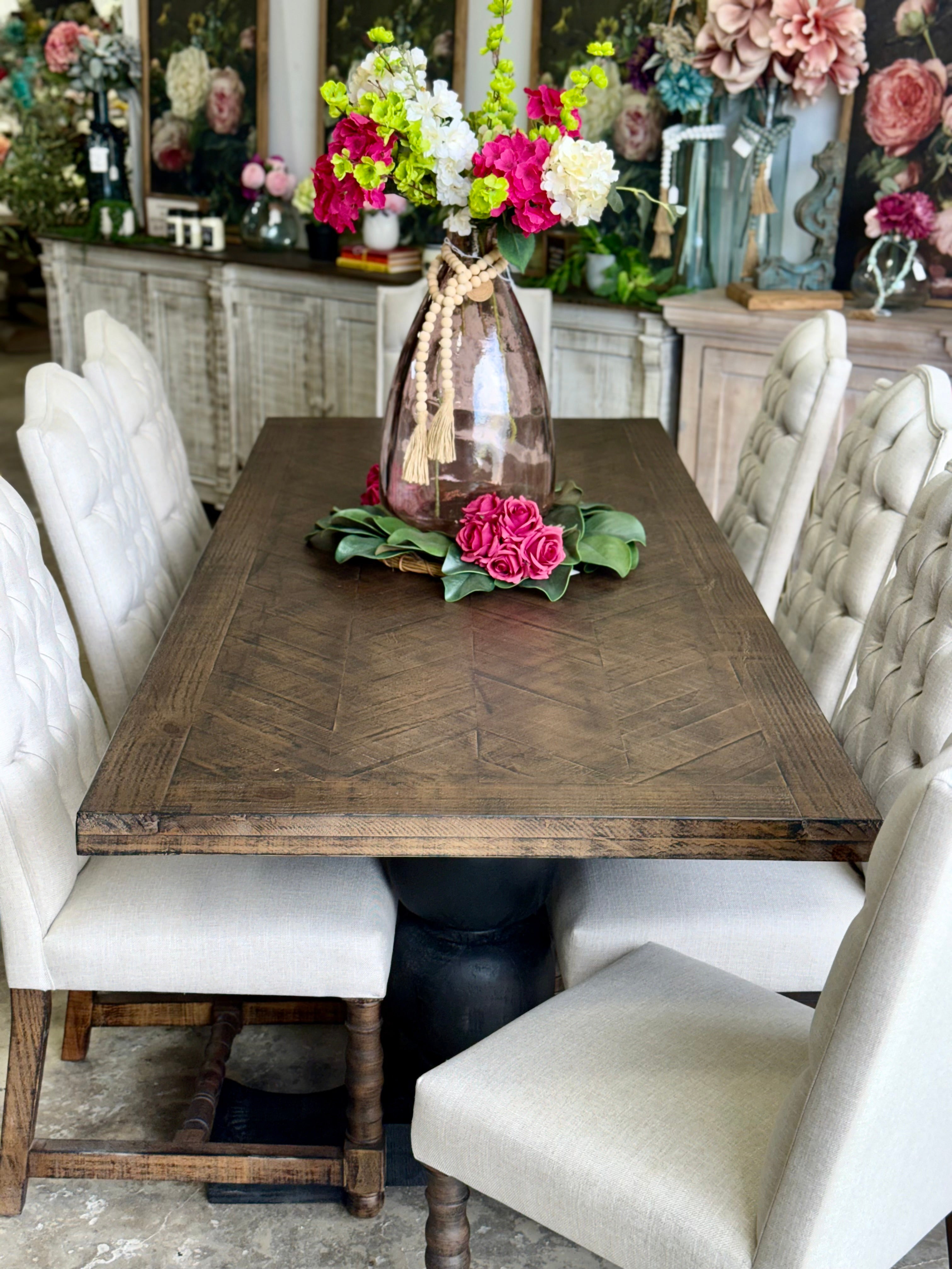 Myla 8 Foot Rounded Pedestal Table Set With 8 Upholstered chairs-Black/Honeywood™