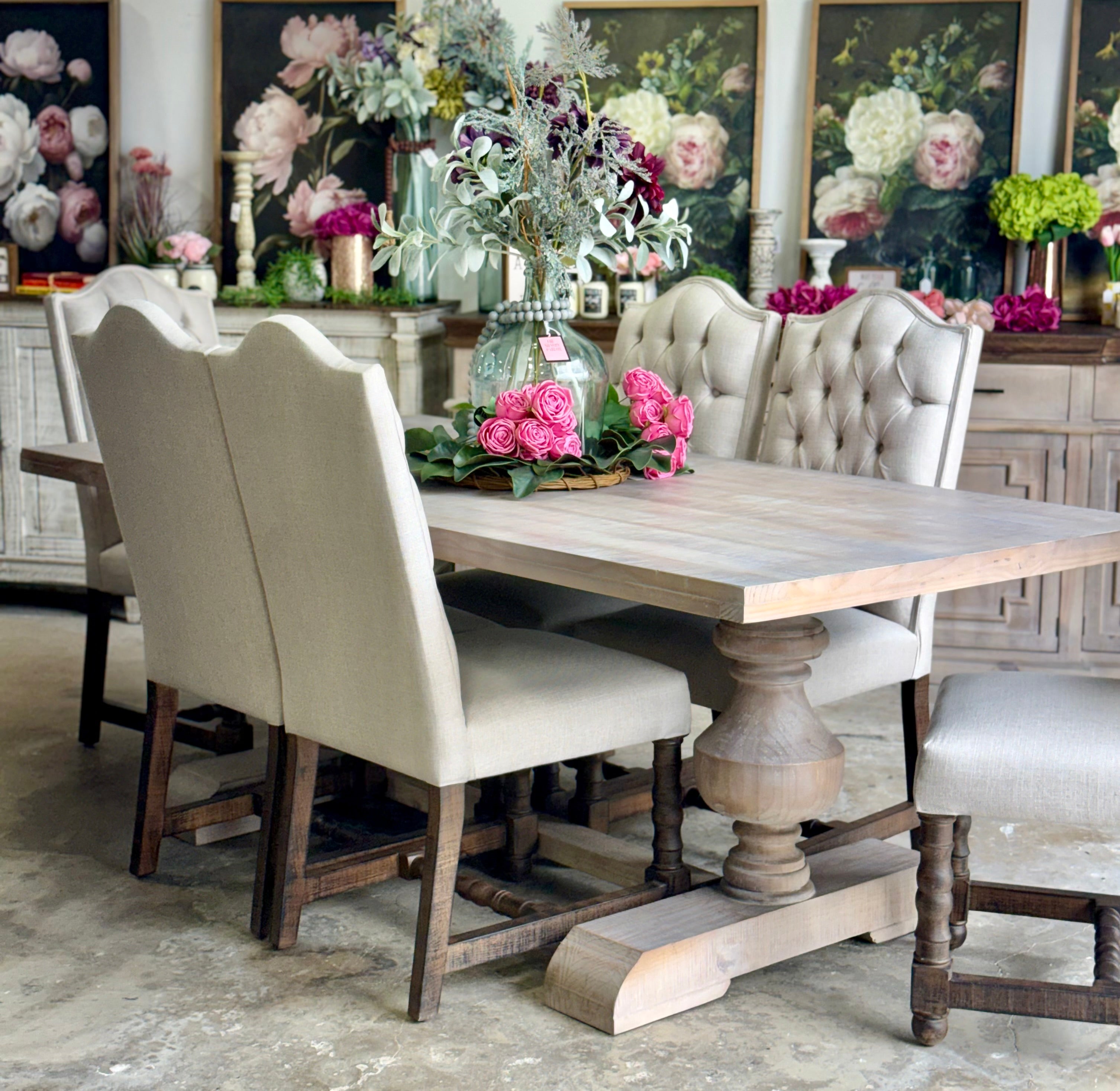 Hannah 7 Foot Dining Table Set With Chairs-Soft Drift/Honeywood Chairs