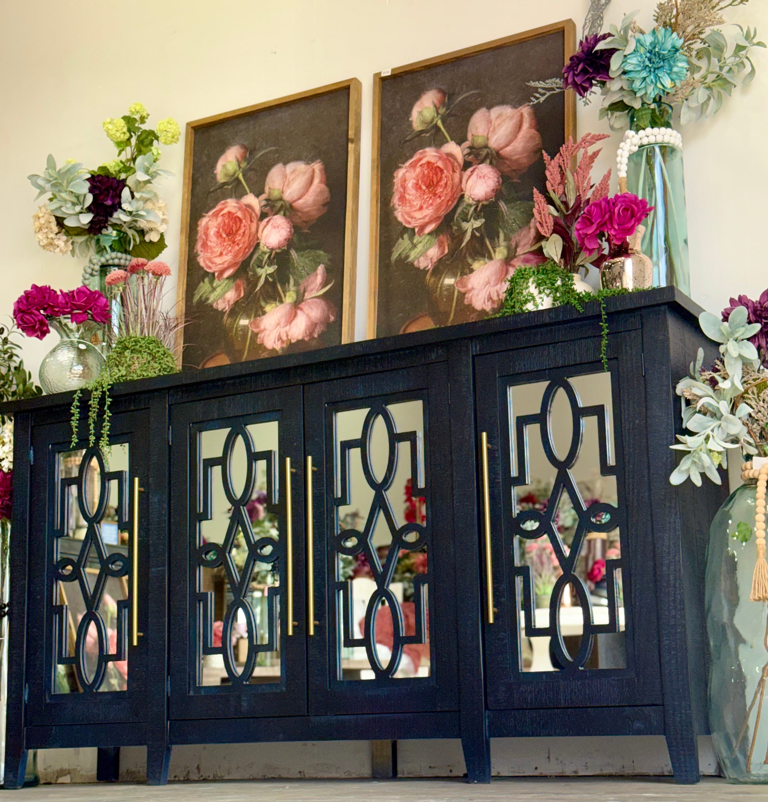 Ivy 4 Door Mirrored Console-Deep Blue and Gold