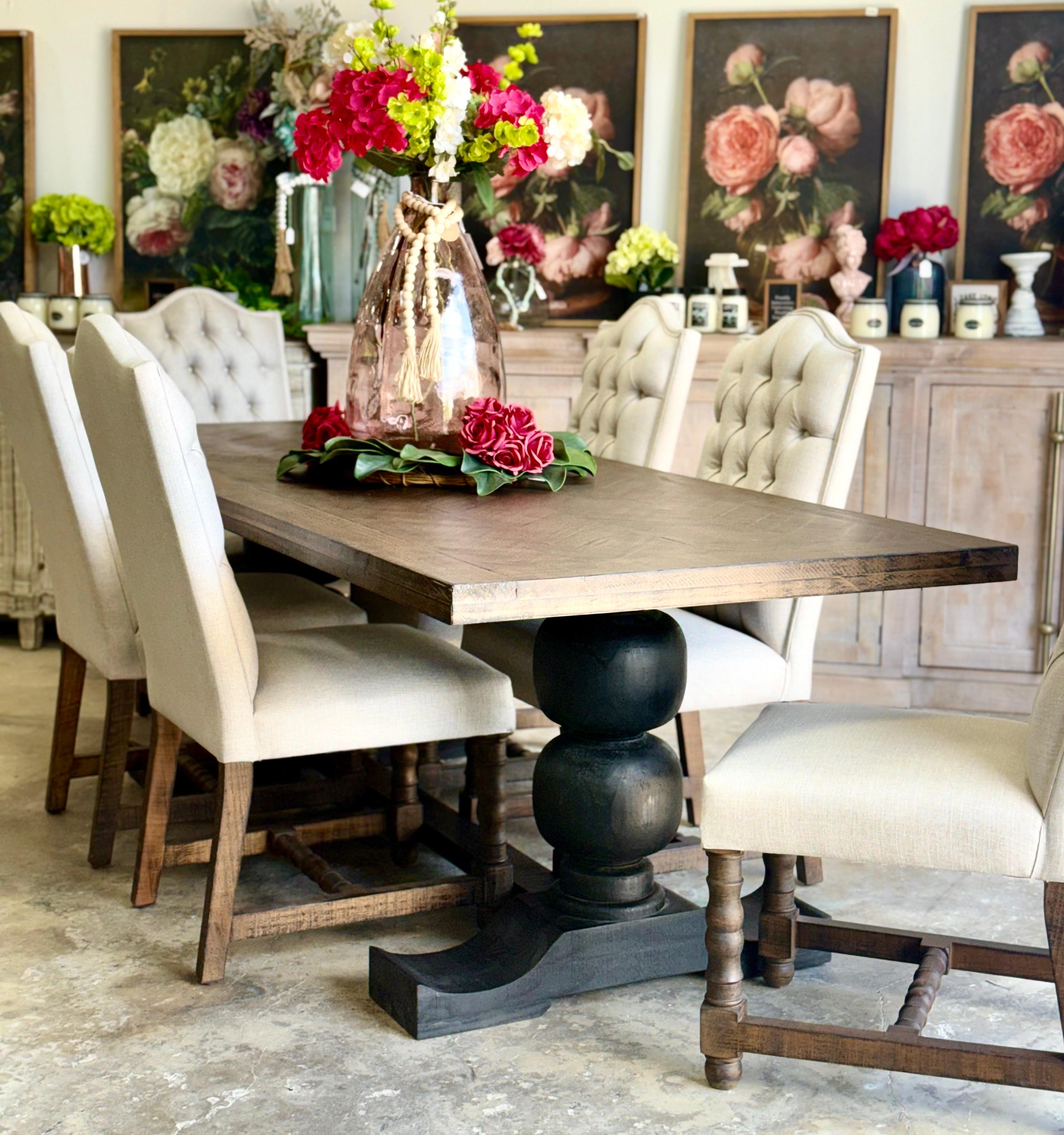 Myla 8 Foot Rounded Pedestal Table Set With 6 Upholstered chairs-Black/Honeywood™