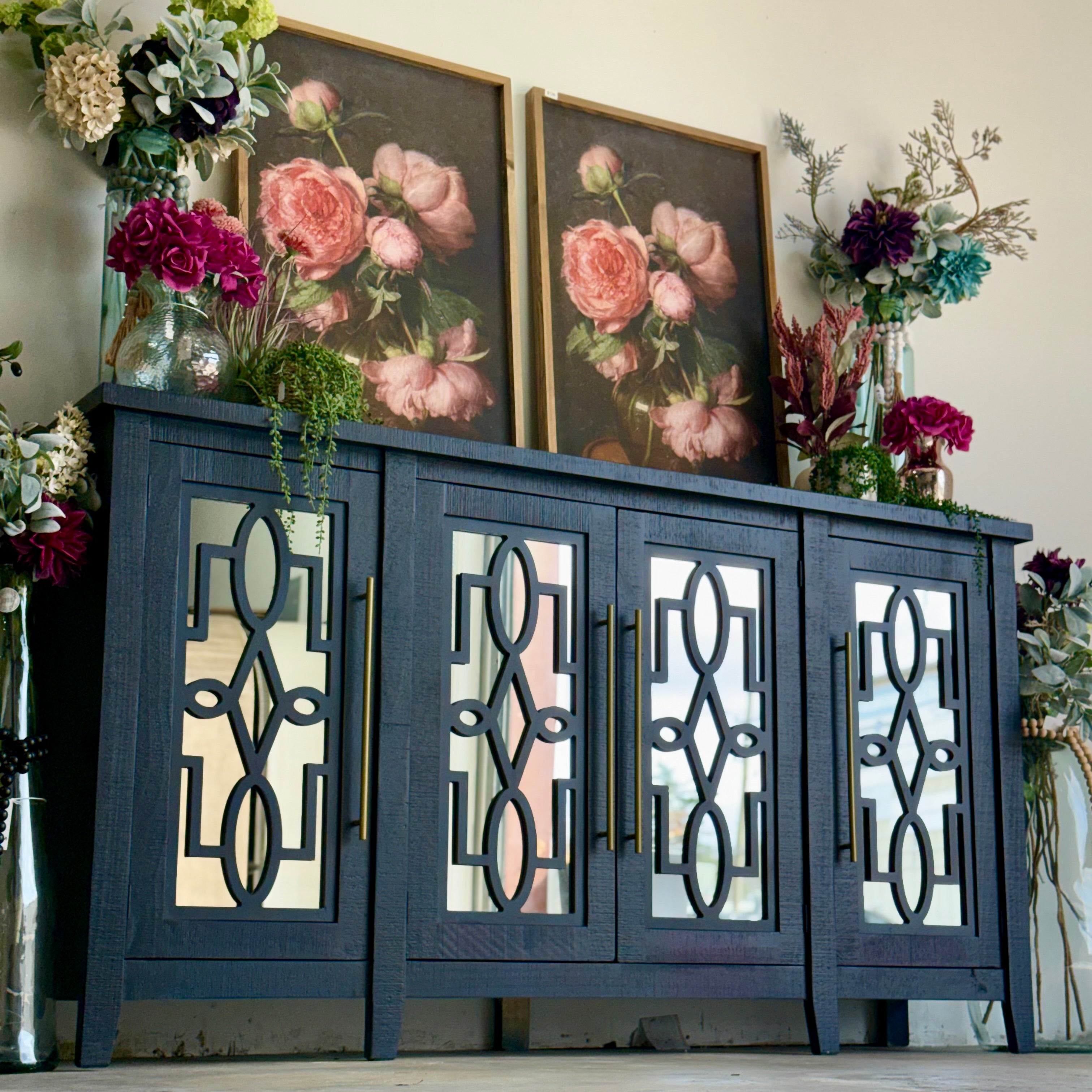 Ivy 4 Door Mirrored Console-Deep Blue and Gold