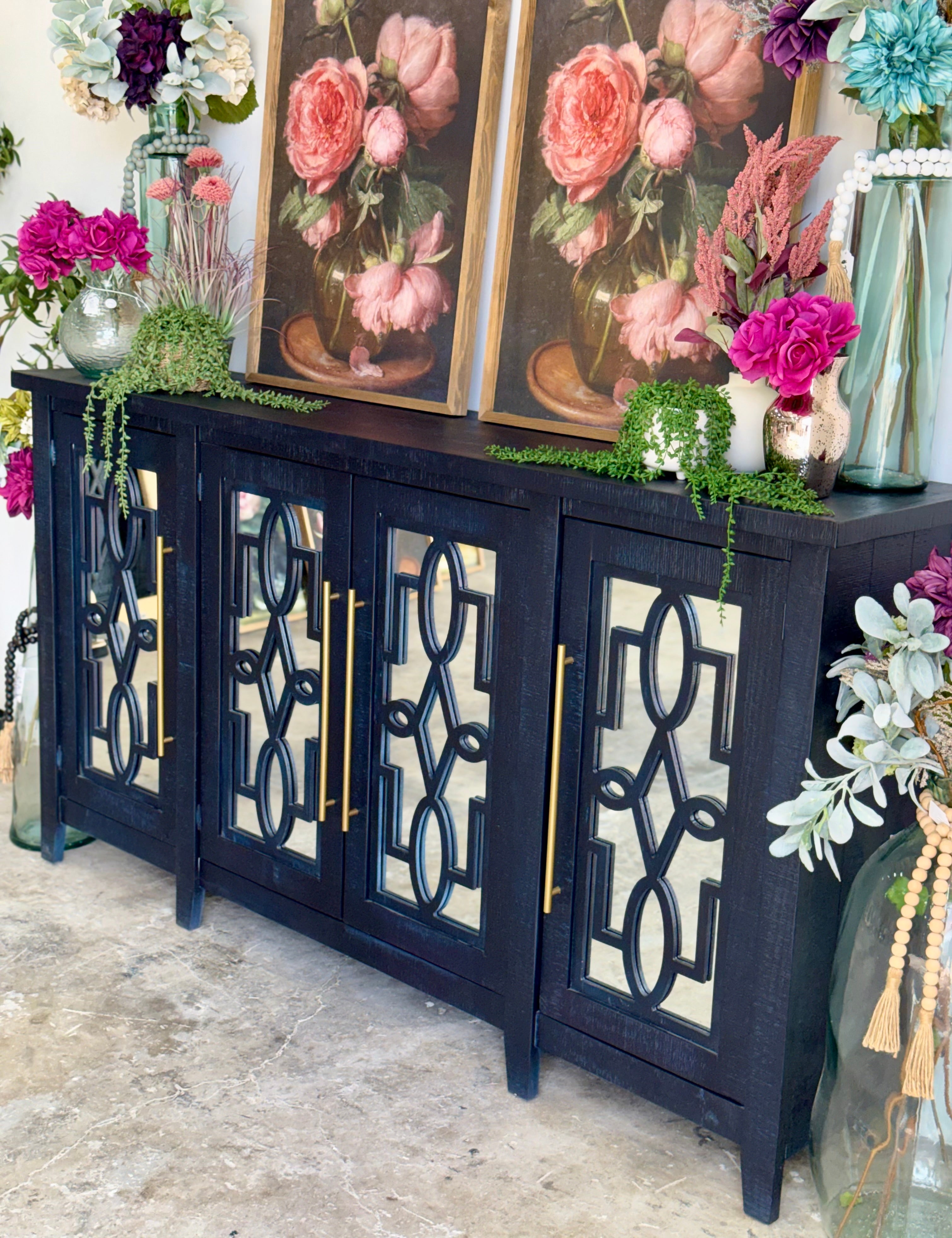 Ivy 4 Door Mirrored Console-Deep Blue and Gold