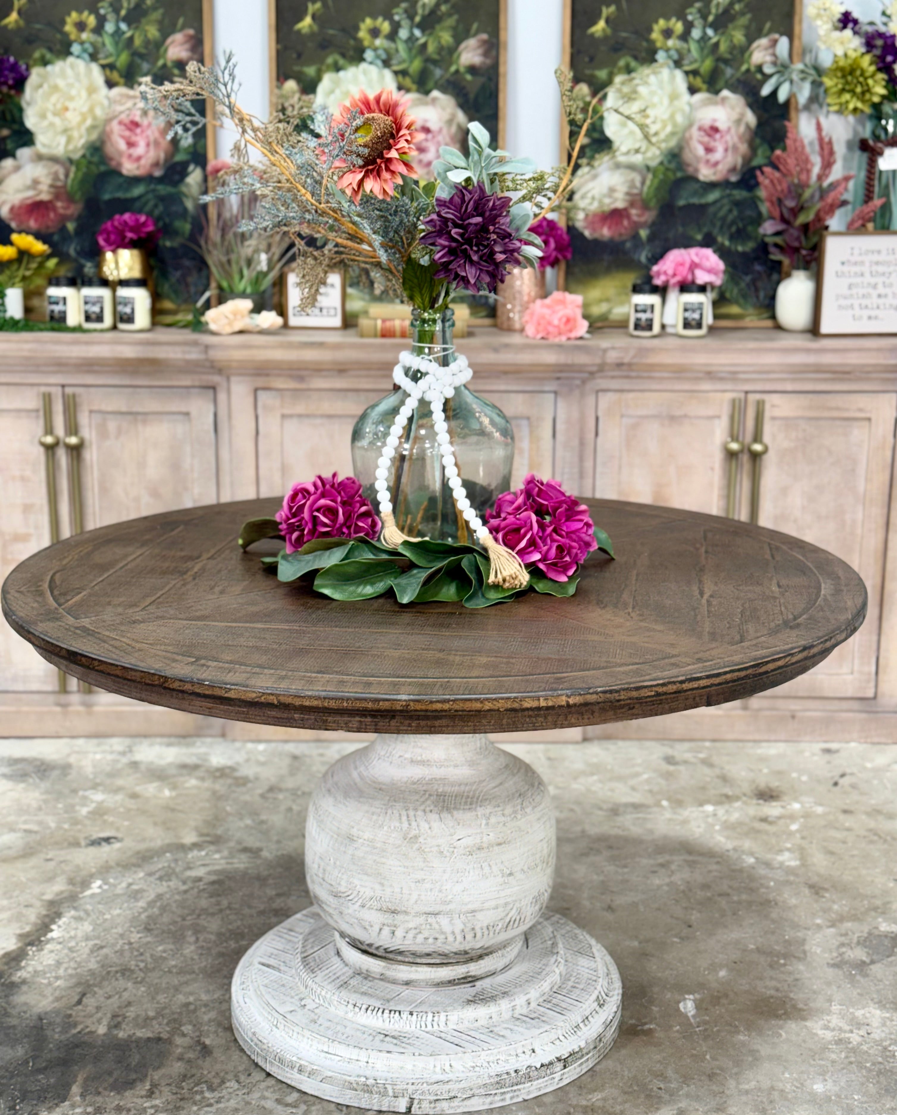 Lilly 54" Round Pedestal Dining Table-White Wheat/Honeywood