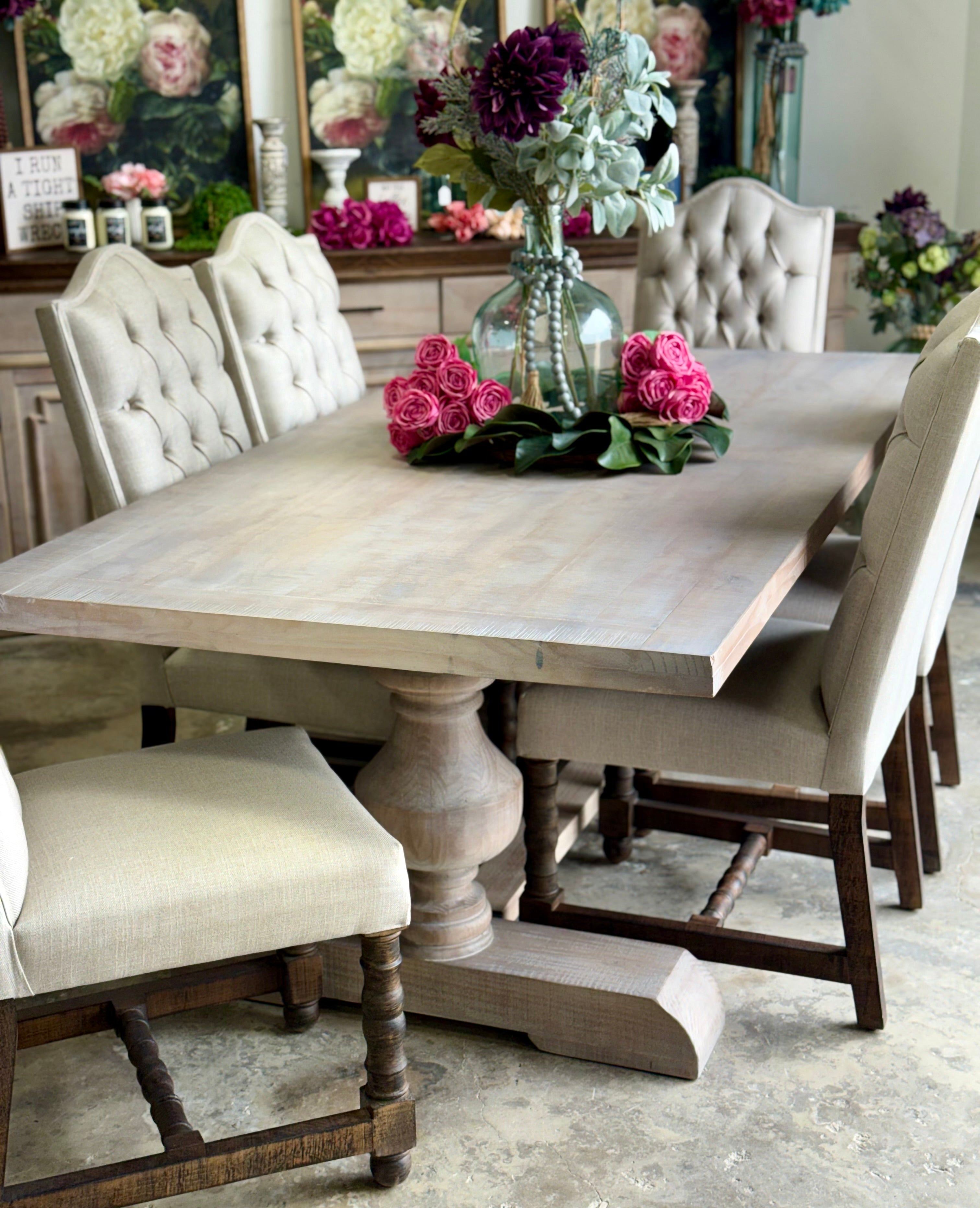 Hannah 7 Foot Dining Table Set With Chairs-Soft Drift/Honeywood Chairs