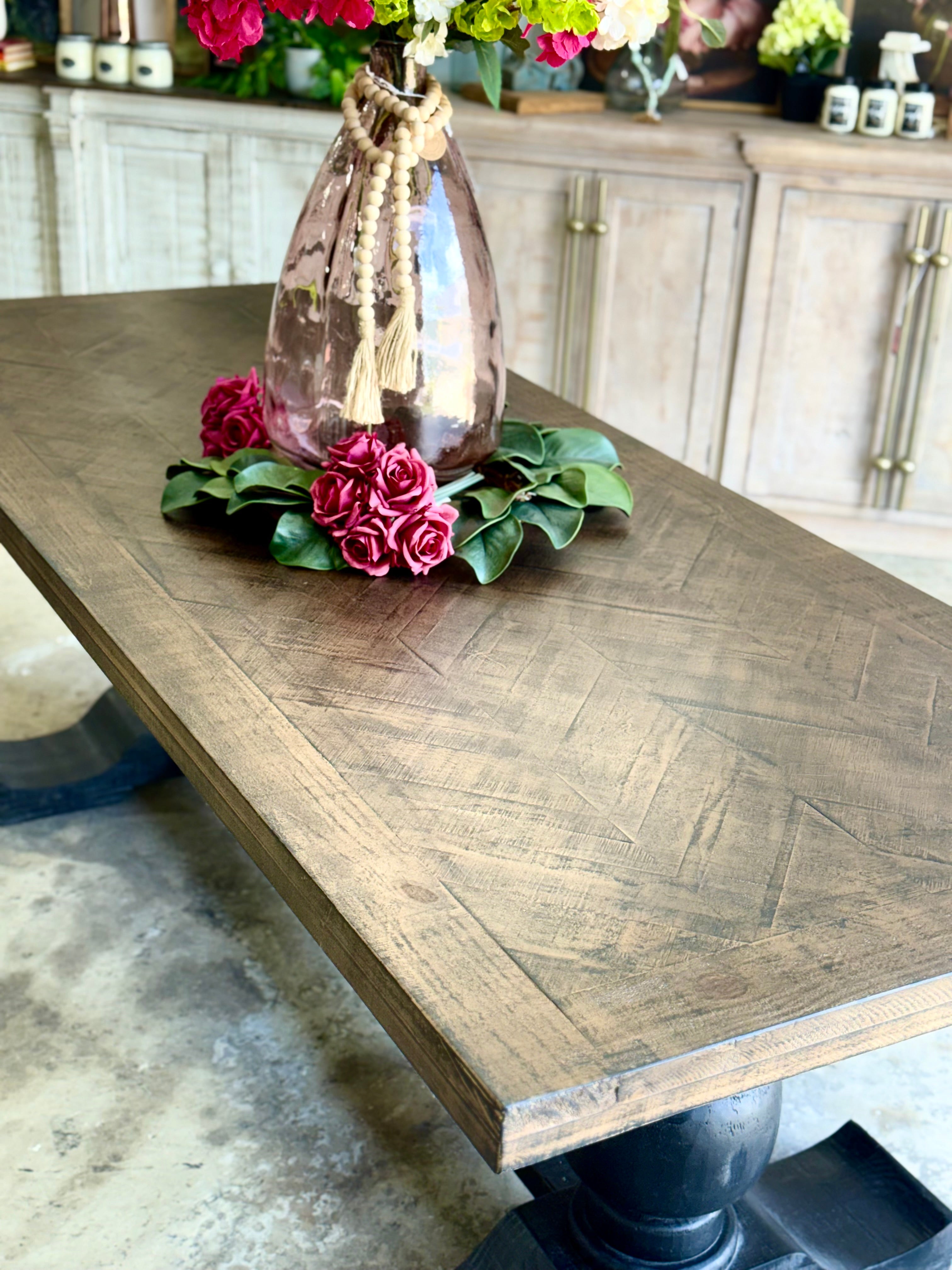 Myla 8 Foot Rounded Pedestal Table-Black/Honeywood