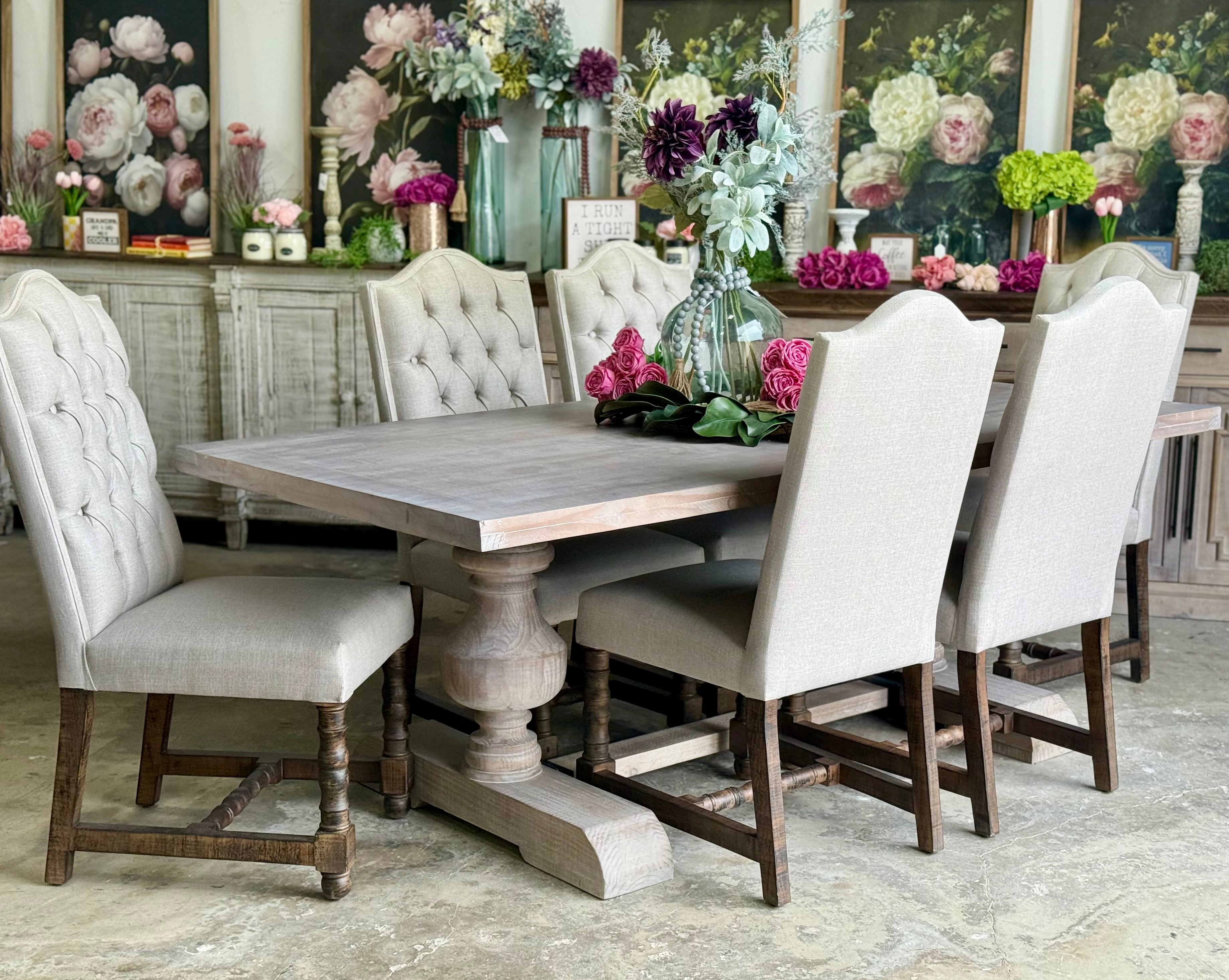 Hannah 7 Foot Dining Table Set With Chairs-Soft Drift/Honeywood Chairs