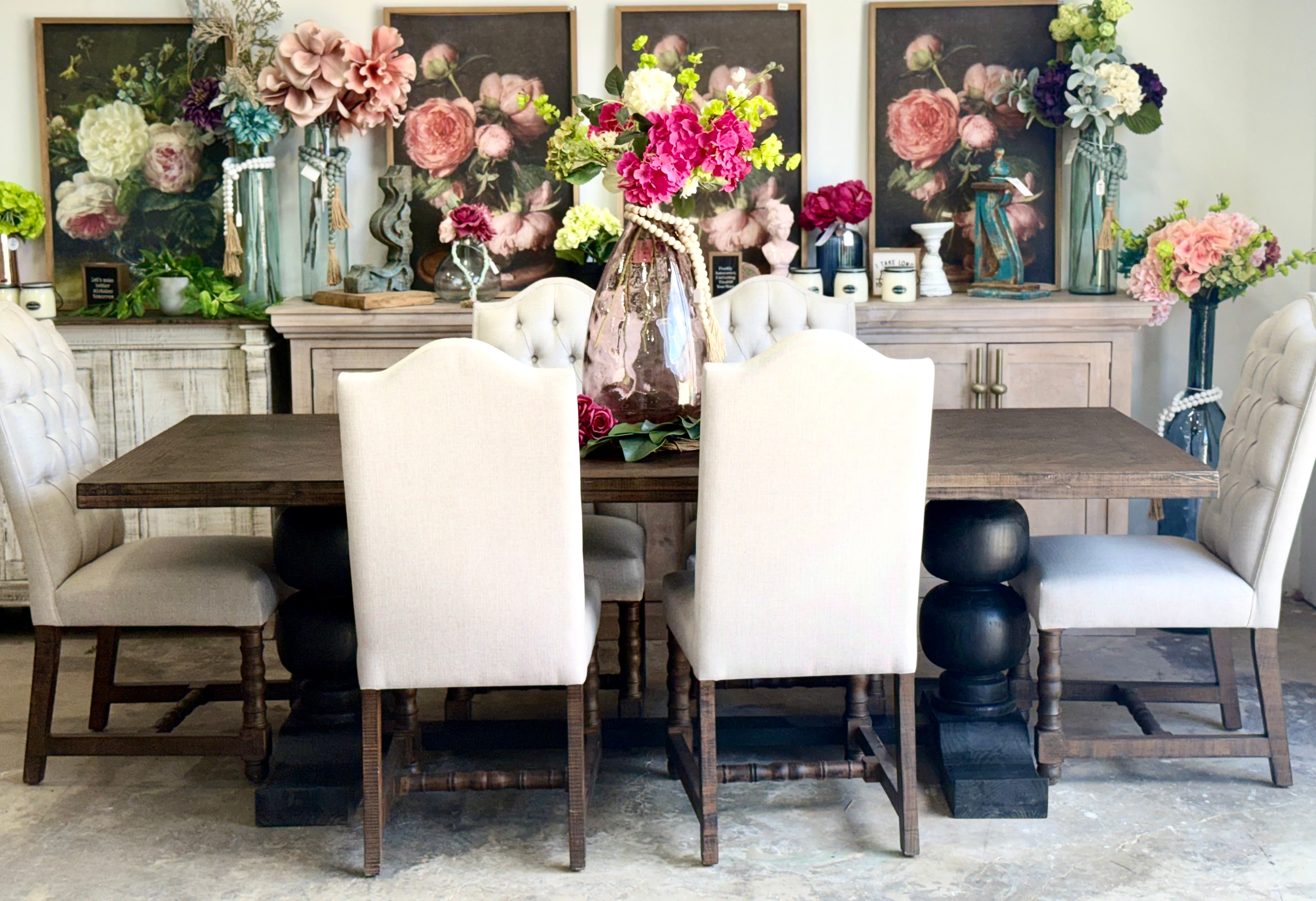 Myla 8 Foot Rounded Pedestal Table Set With 6 Upholstered chairs-Black/Honeywood™