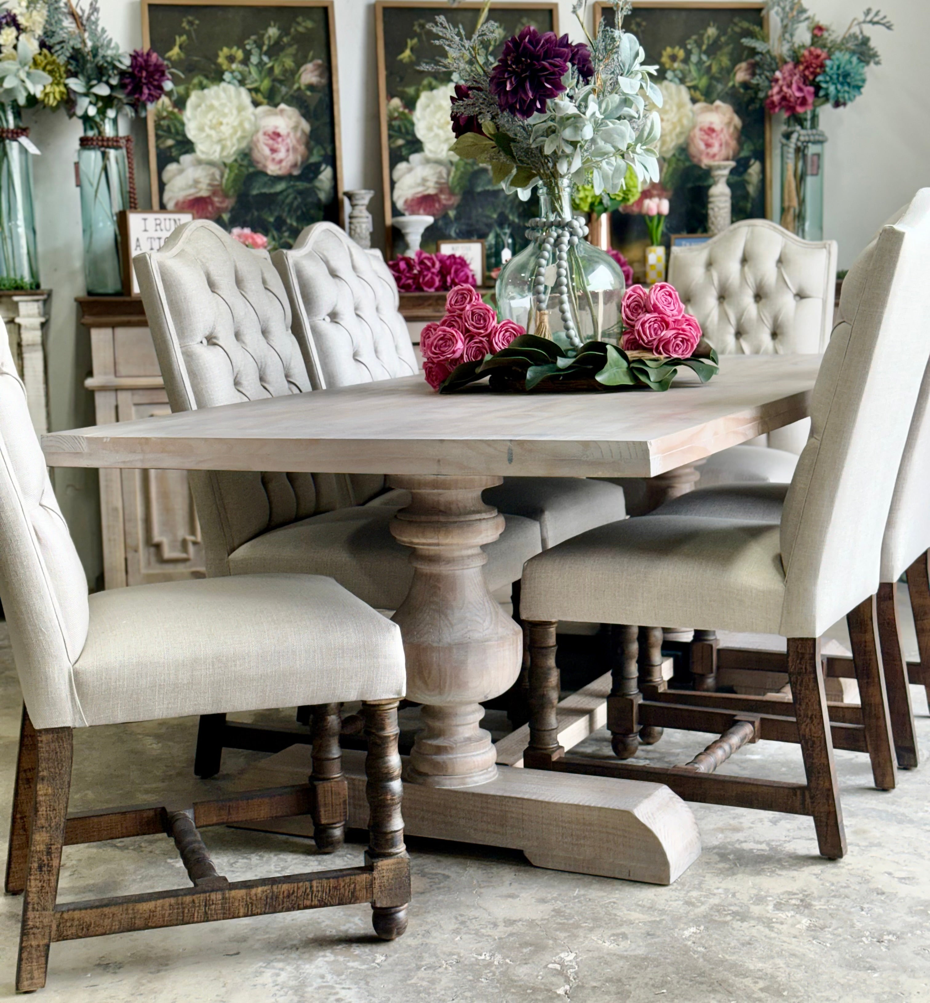 Hannah 7 Foot Dining Table Set With Chairs-Soft Drift/Honeywood Chairs