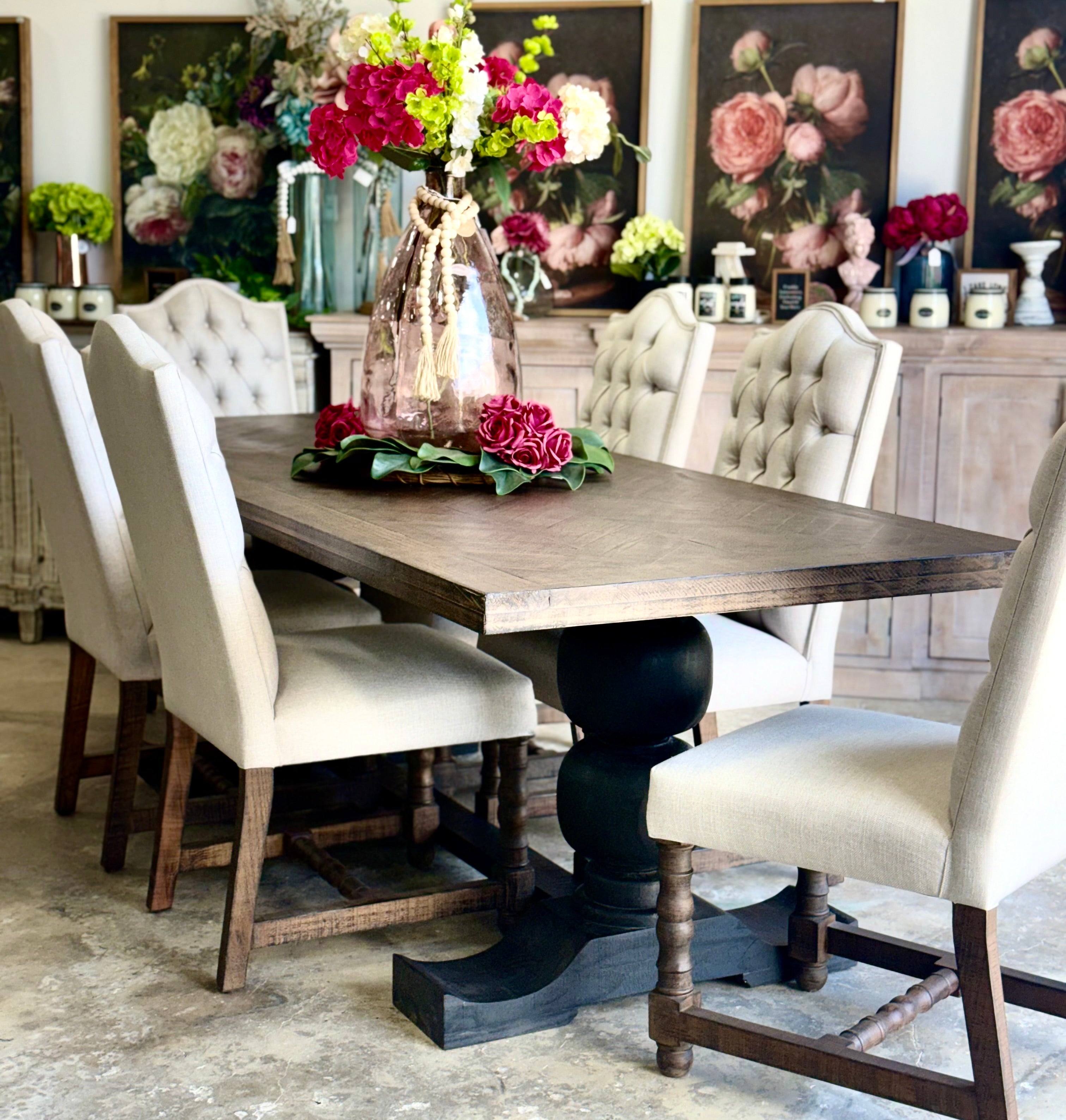 Myla 8 Foot Rounded Pedestal Table Set With 6 Upholstered chairs-Black/Honeywood™