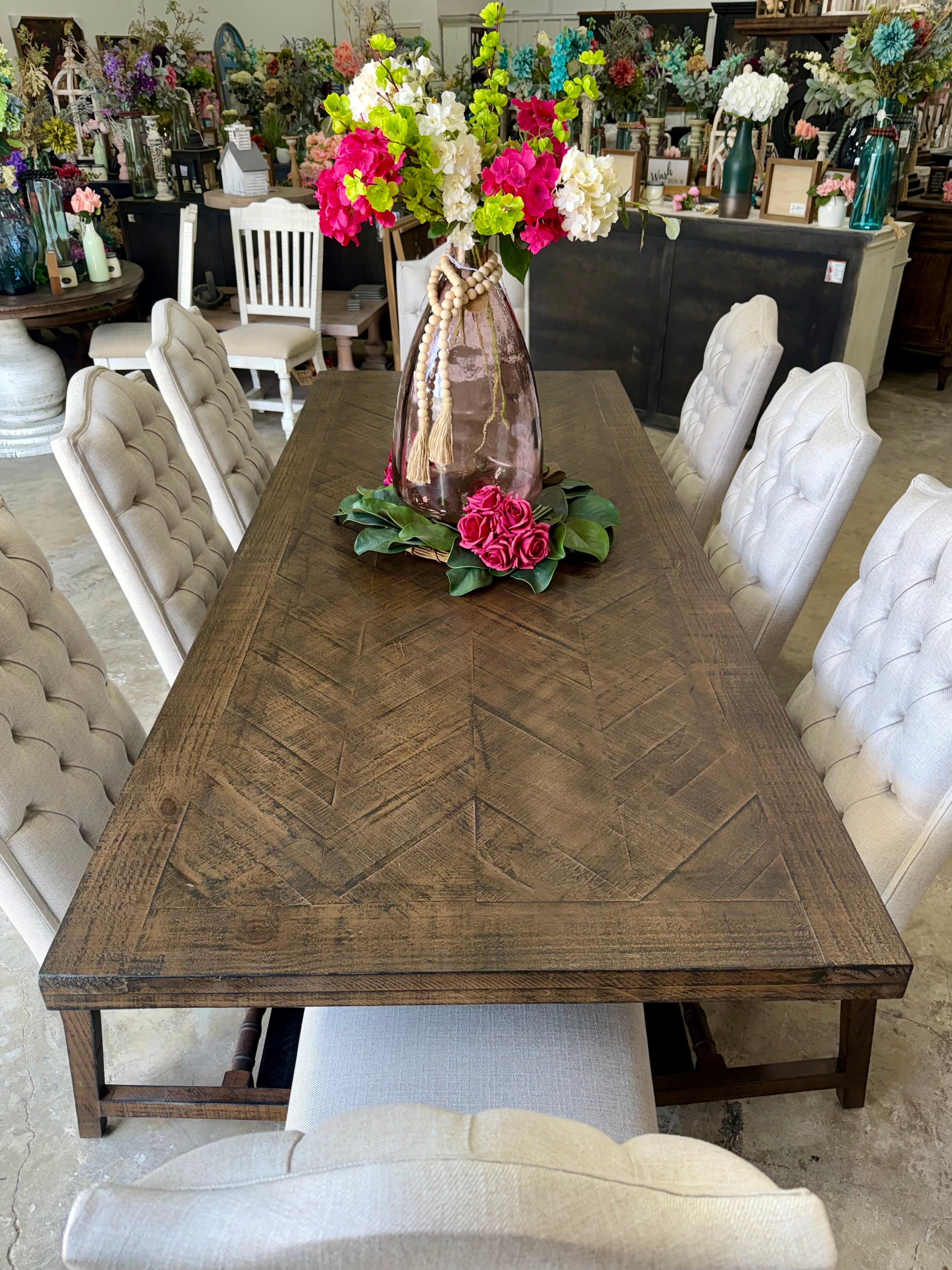 Myla 8 Foot Rounded Pedestal Table Set With 8 Upholstered chairs-Black/Honeywood™
