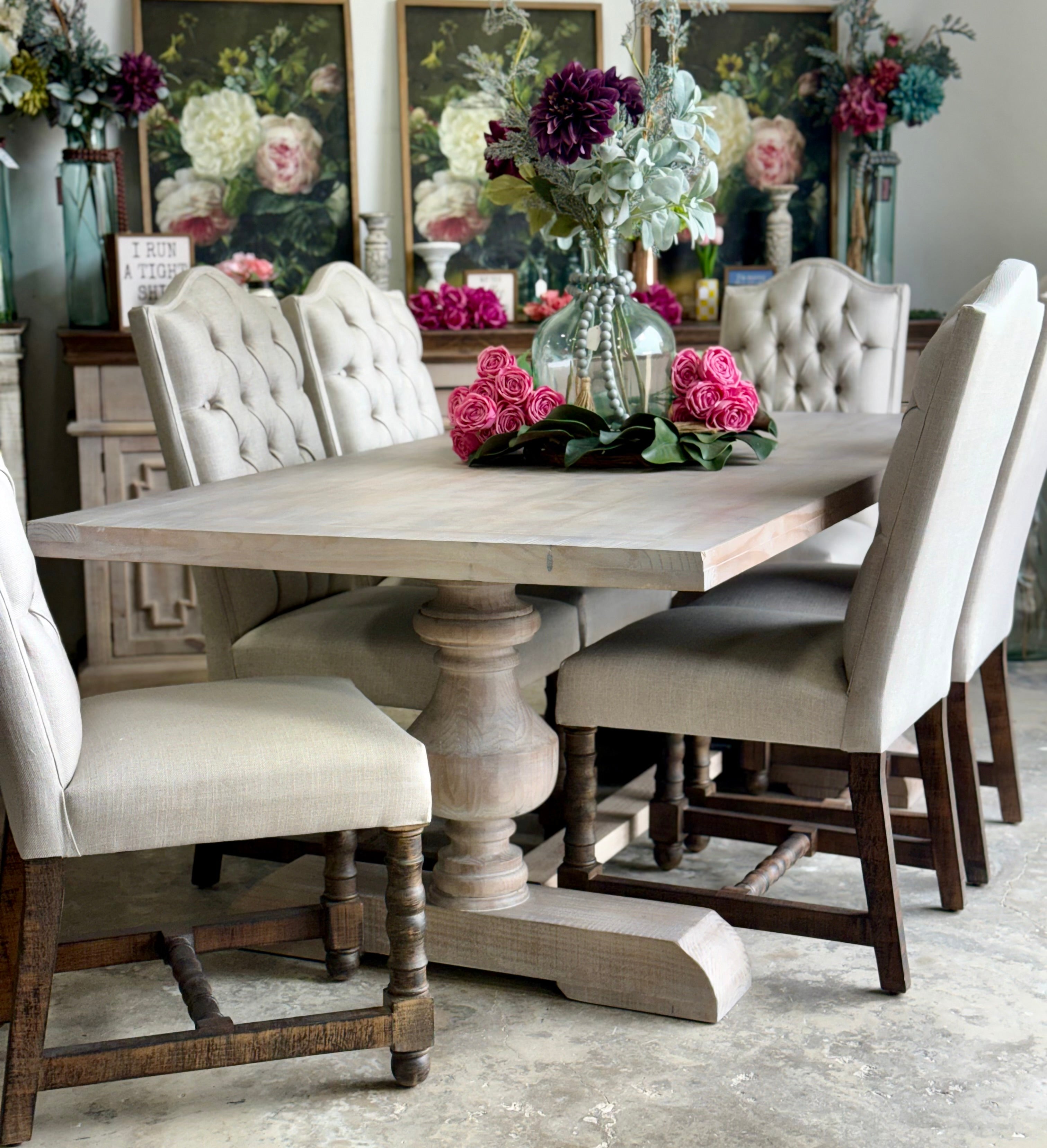 Hannah 7 Foot Dining Table Set With Chairs-Soft Drift/Honeywood Chairs