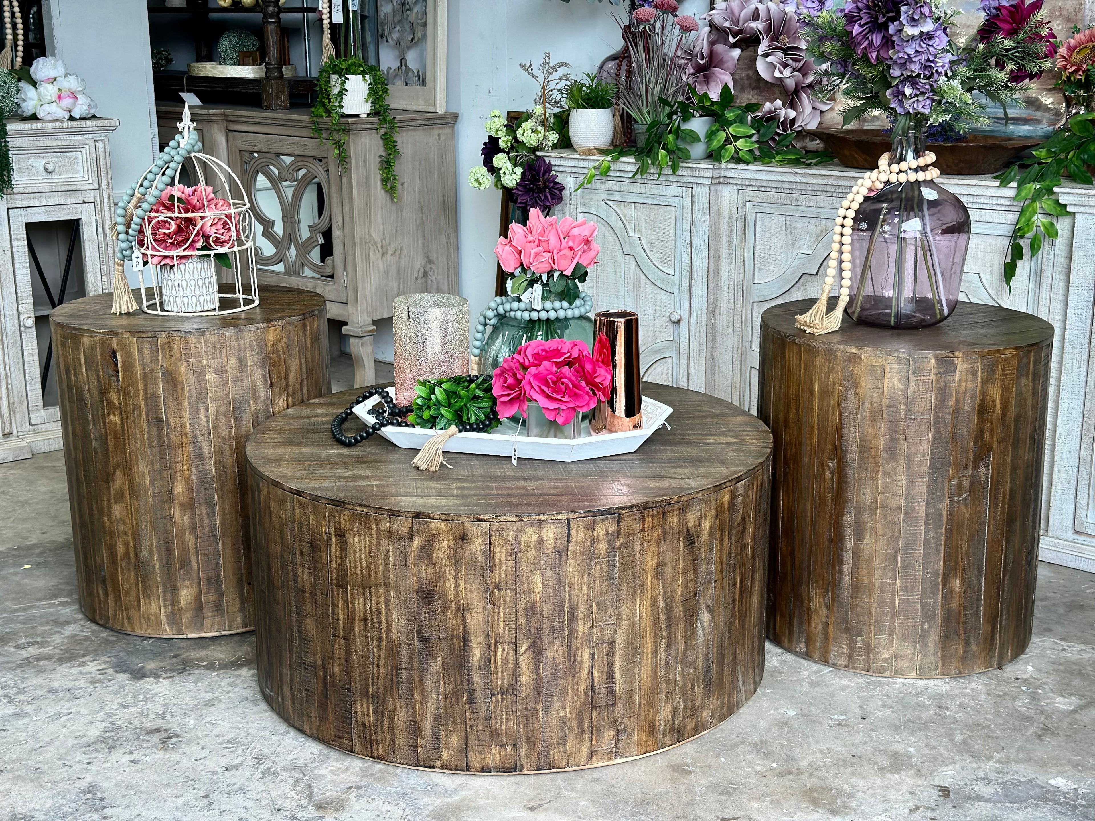 Round Drum Side Table-Pecan