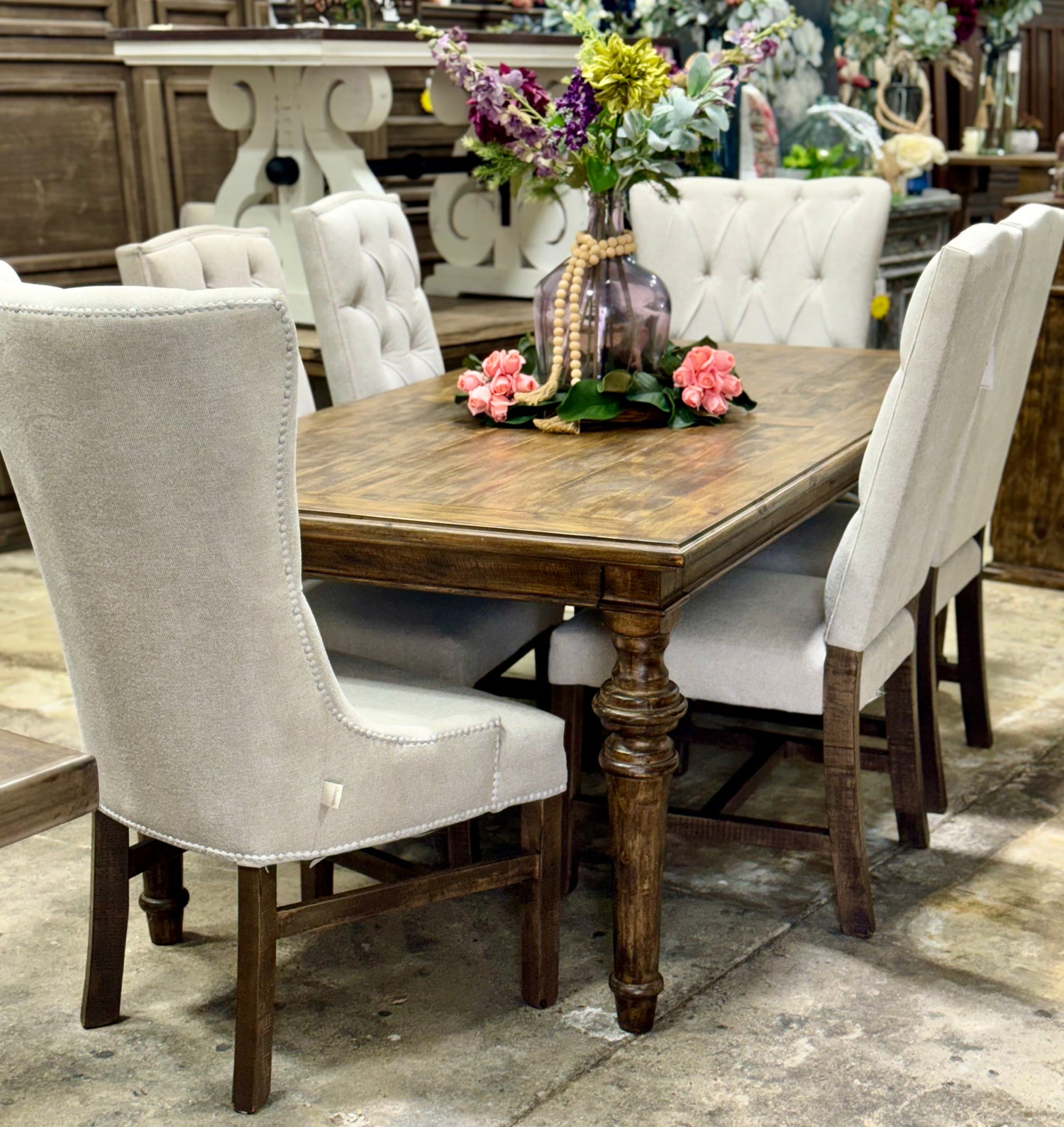 Adeline 7 Foot Dining Table Set With 6 Chairs-Pecan