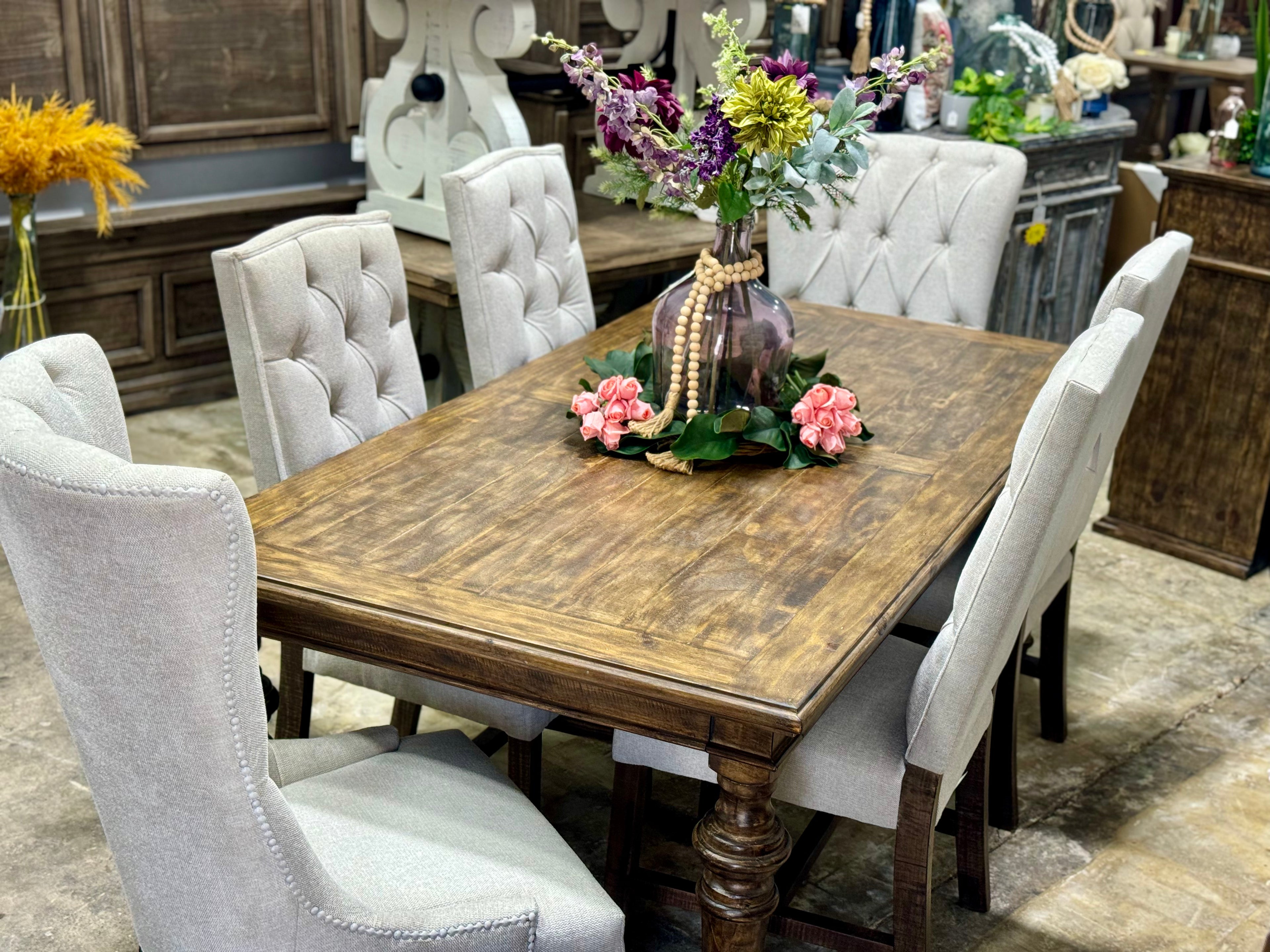 Adeline 7 Foot Dining Table Set With 6 Chairs-Pecan