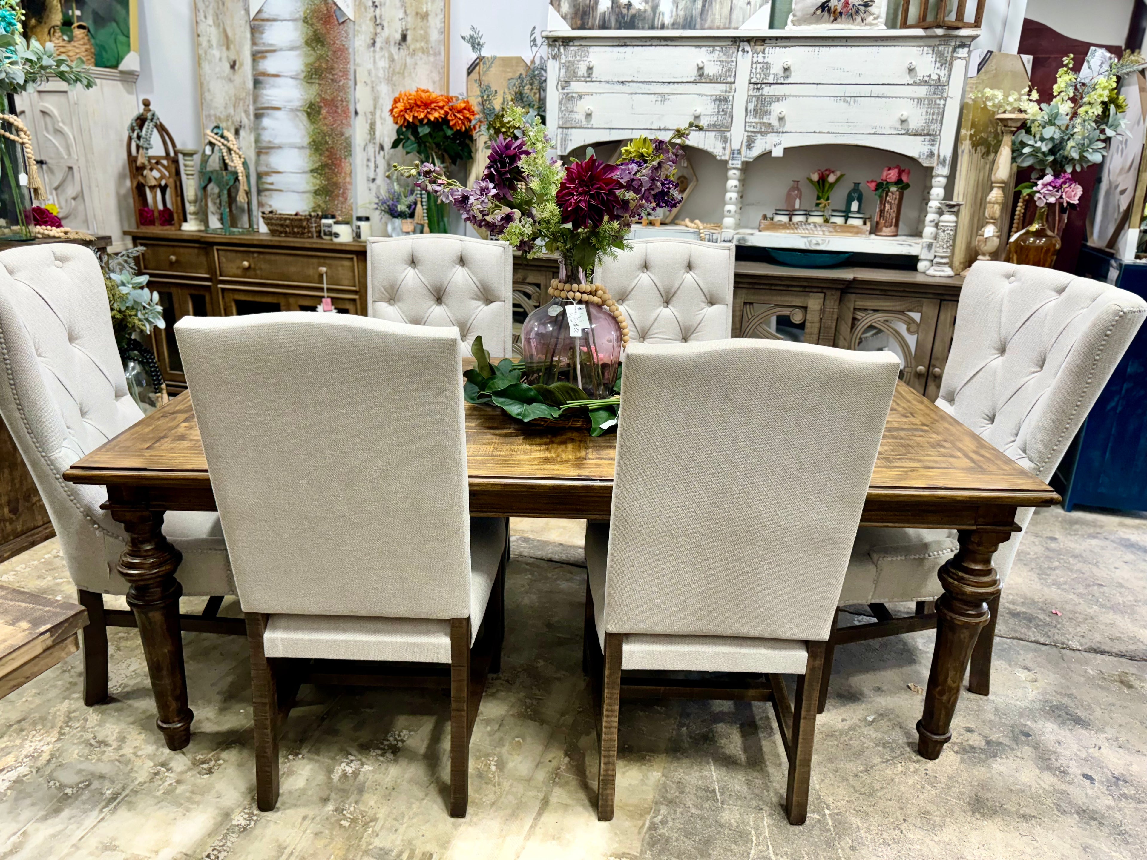 Adeline 7 Foot Dining Table Set With 6 Chairs-Pecan