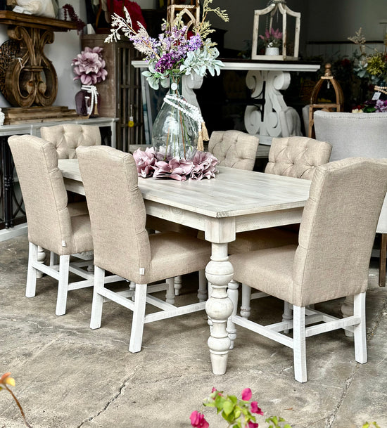 Calais 7 Foot Dining Table Set/6 Upholstered Chairs-White Wheat