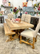 Trestle Table Set- Bench, 4 Upholstered Chairs