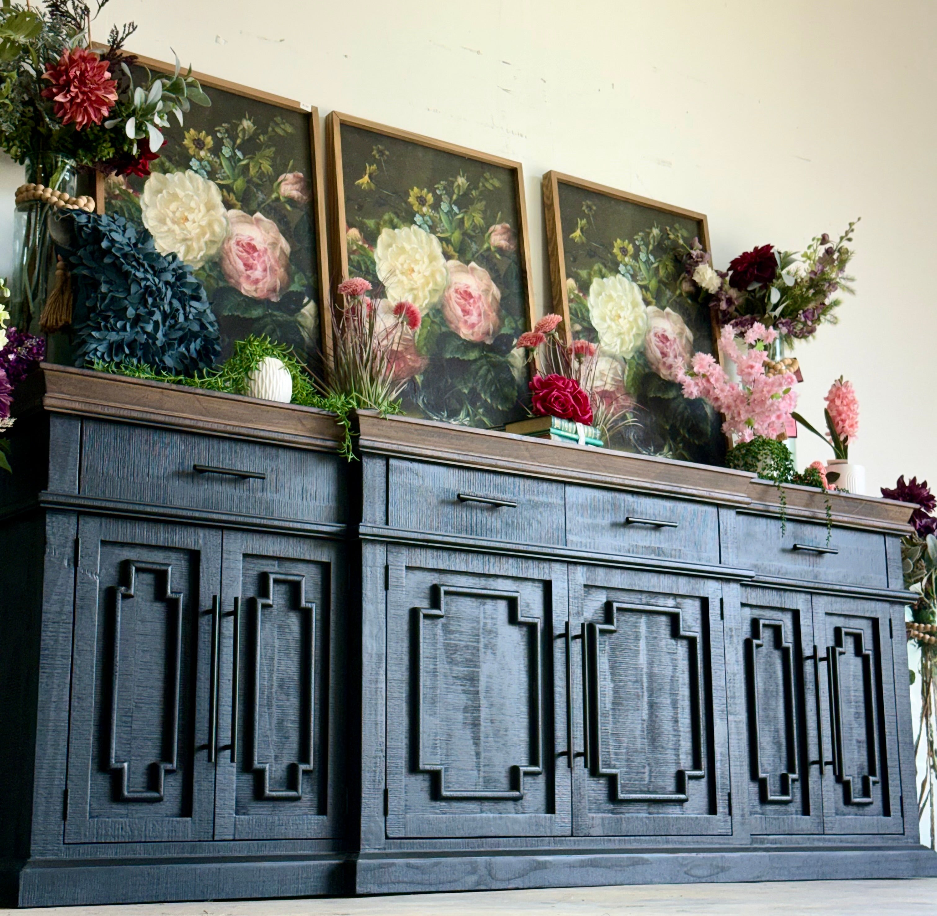 Reese 99" 6 Door Console-Black/Honeywood