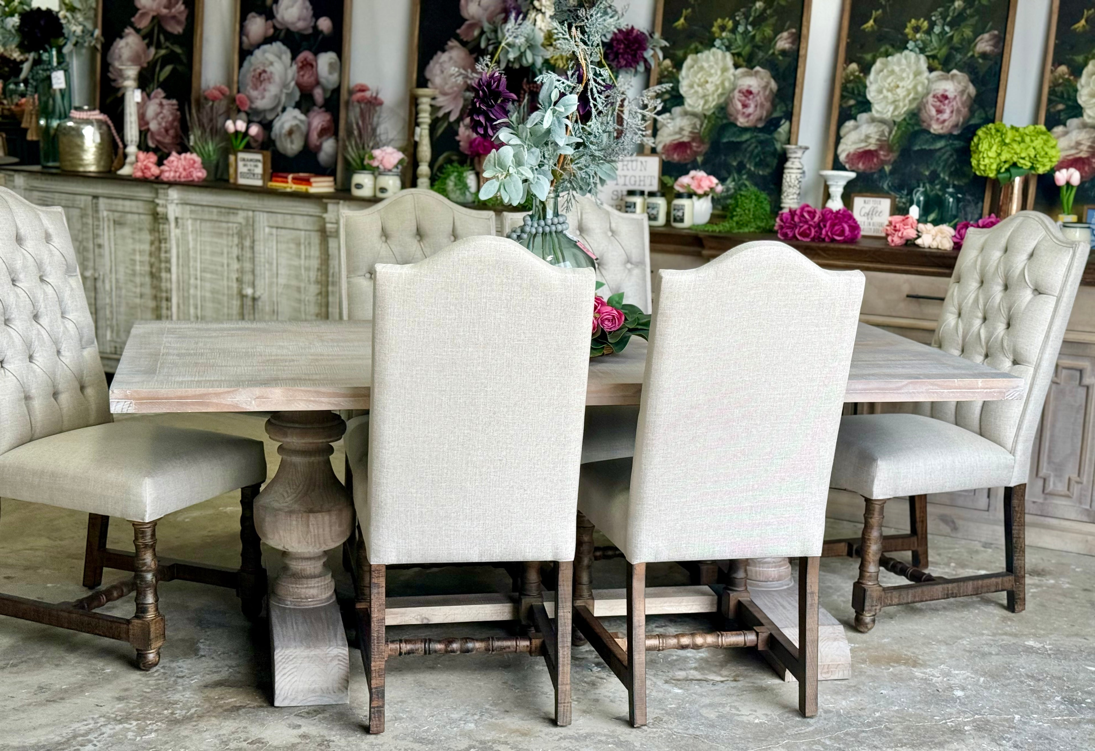 Hannah 7 Foot Dining Table Set With Chairs-Soft Drift/Honeywood Chairs