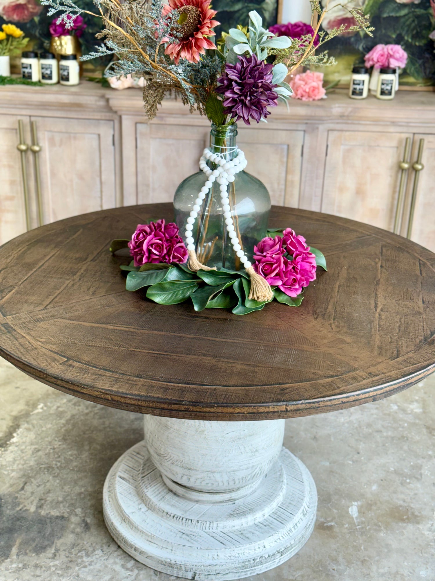 Lilly 54" Round Pedestal Dining Table-White Wheat/Honeywood