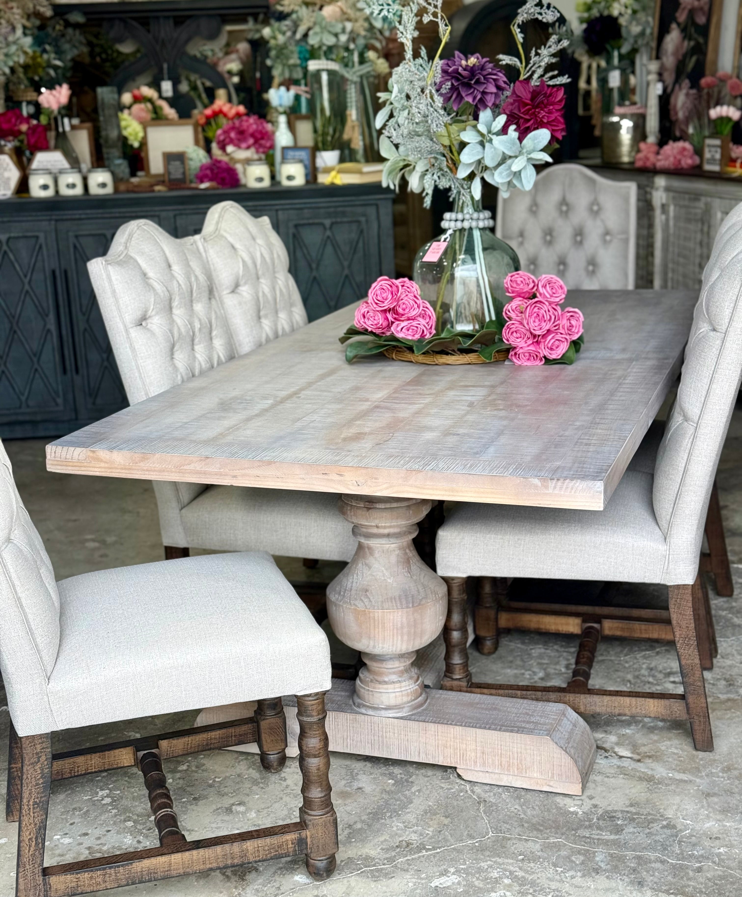 Hannah 7 Foot Dining Table Set With Chairs-Soft Drift/Honeywood Chairs