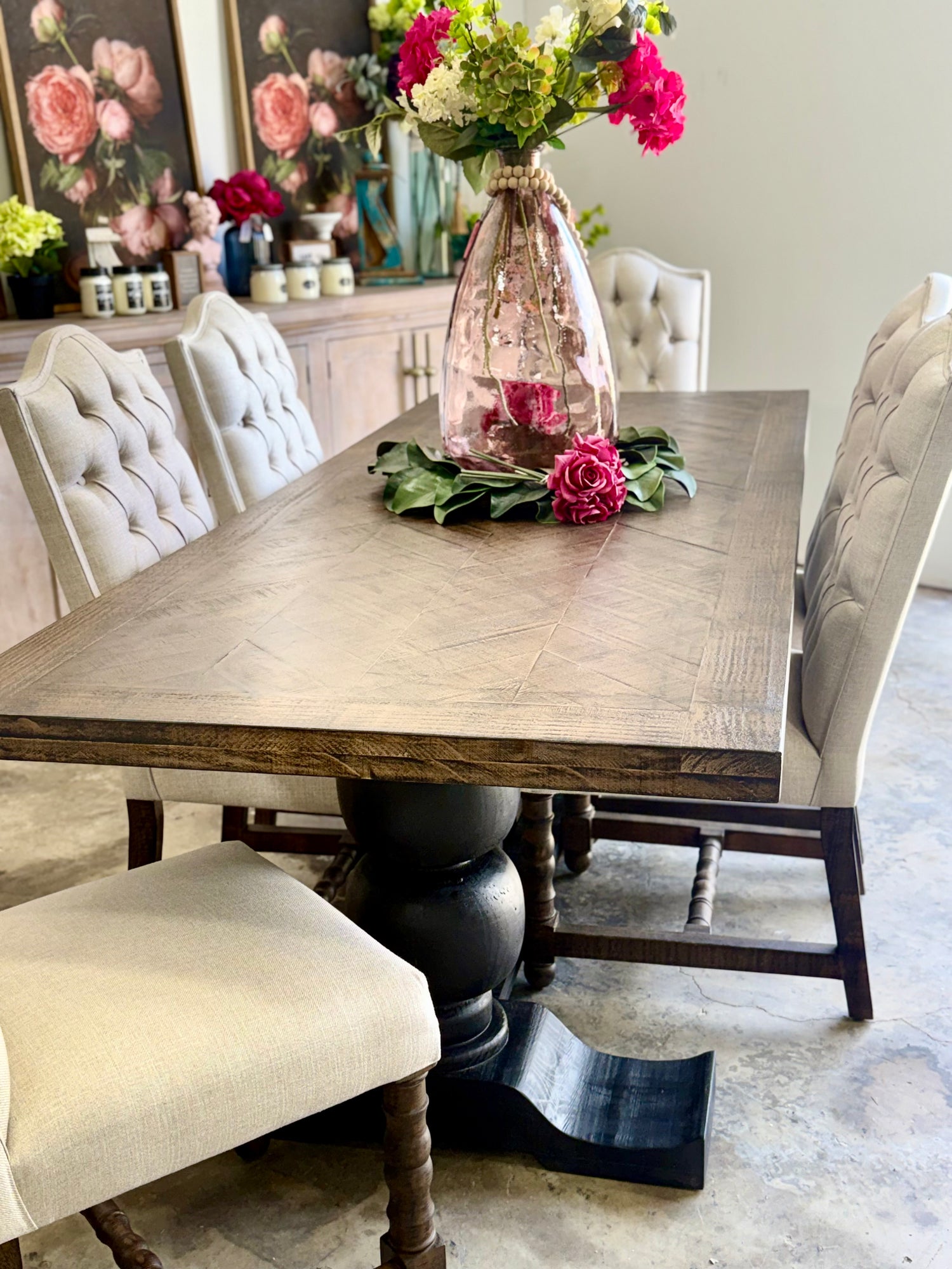 Myla 8 Foot Rounded Pedestal Table Set With 6 Upholstered chairs-Black/Honeywood™