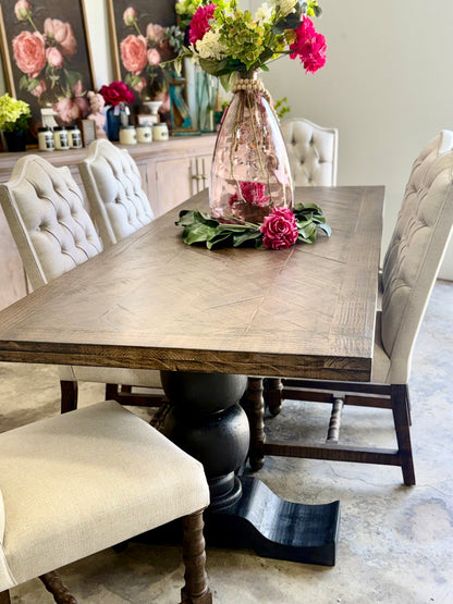 Myla 8 Foot Rounded Pedestal Table Set With 6 Upholstered chairs-Black/Honeywood™