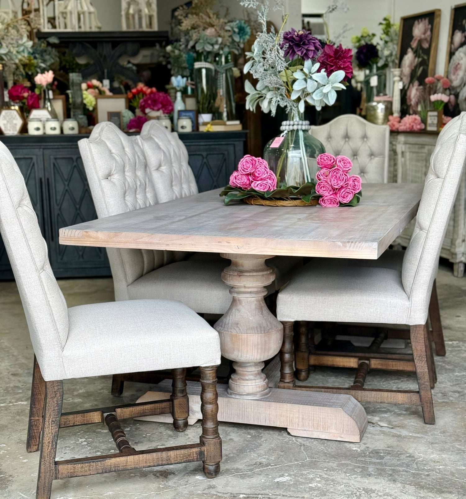 Hannah 7 Foot Dining Table Set With Chairs-Soft Drift/Honeywood Chairs
