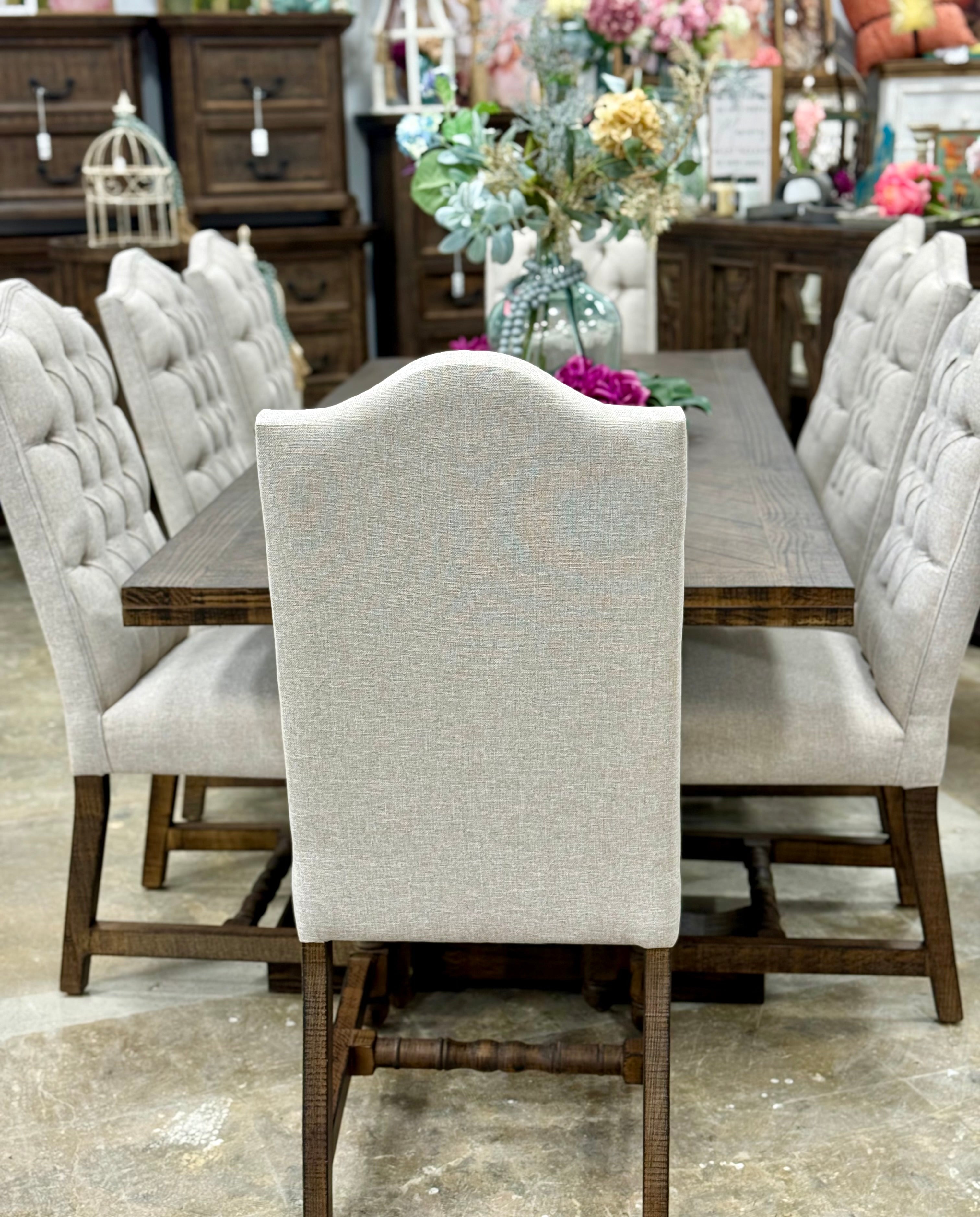 Myla 8 Foot Rounded Pedestal Table Set With 8 Upholstered chairs-Honeywood™