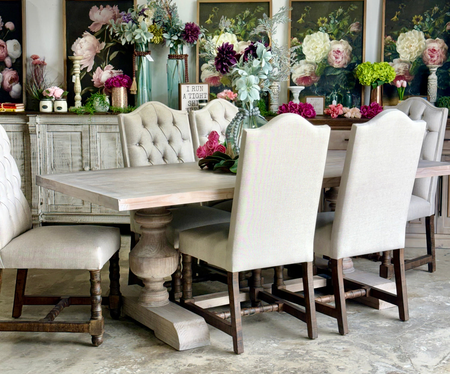 Hannah 7 Foot Dining Table Set With Chairs-Soft Drift/Honeywood Chairs