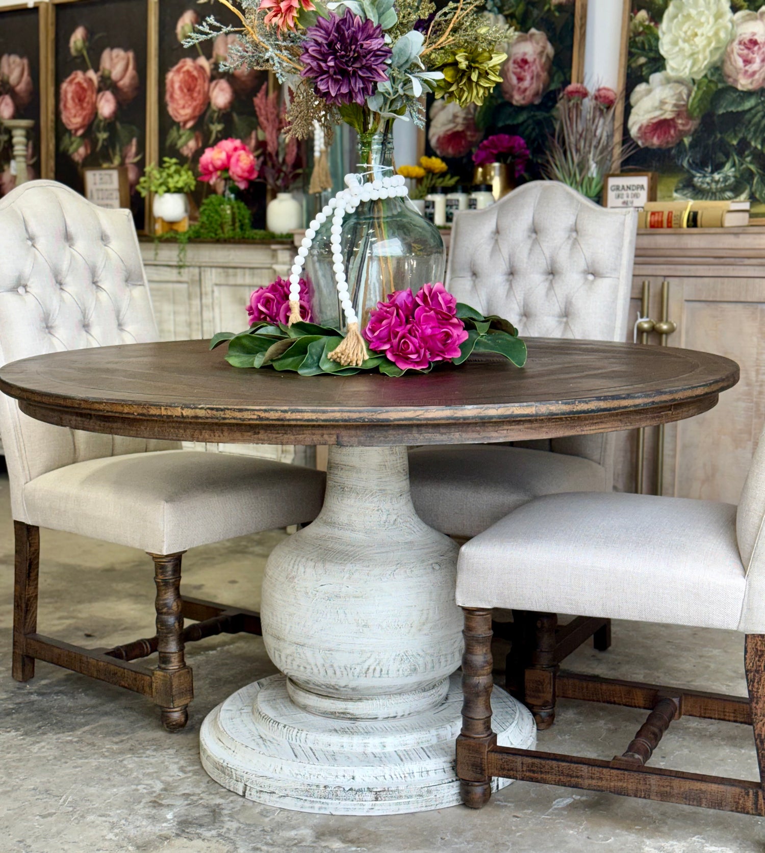 Lilly 54" Round Pedestal Dining Table-White Wheat/Honeywood