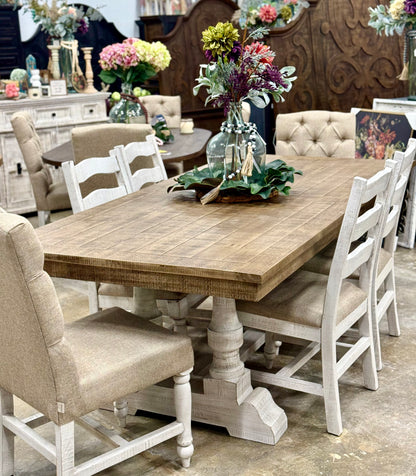 Ella 7  Foot Dining Table Set with 6 Upholstered Chairs-White Wheat/Sandstone