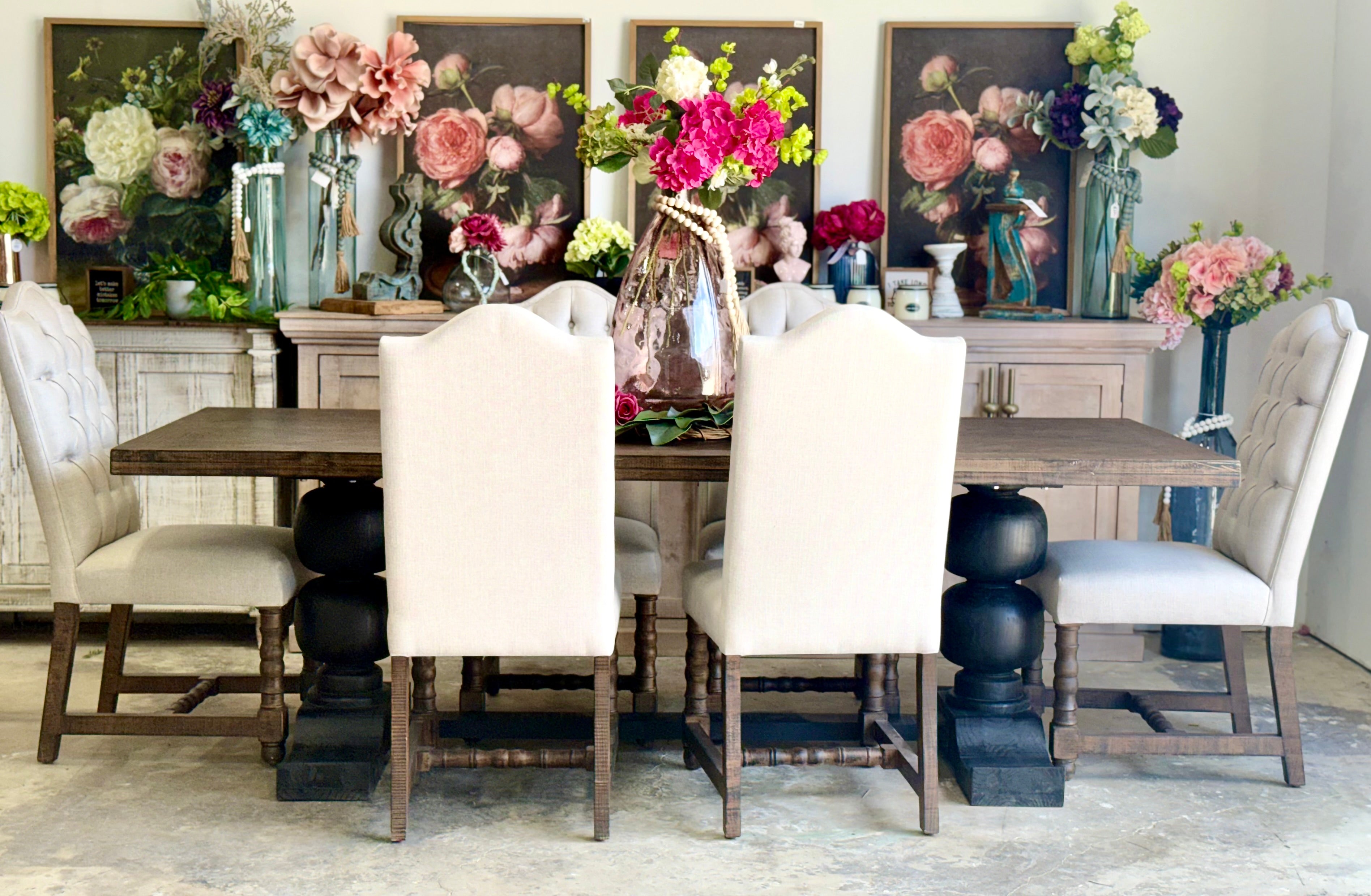 Myla 8 Foot Rounded Pedestal Table Set With 6 Upholstered chairs-Black/Honeywood™