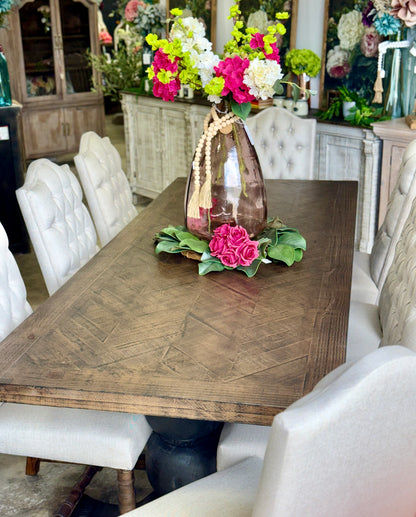 Myla 8 Foot Rounded Pedestal Table Set With 8 Upholstered chairs-Black/Honeywood™