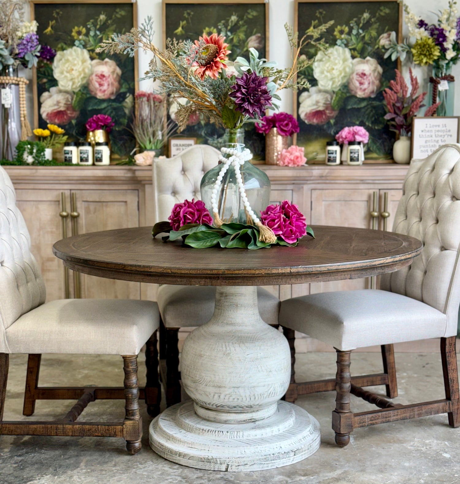 Lilly 54" Round Pedestal Dining Table-White Wheat/Honeywood