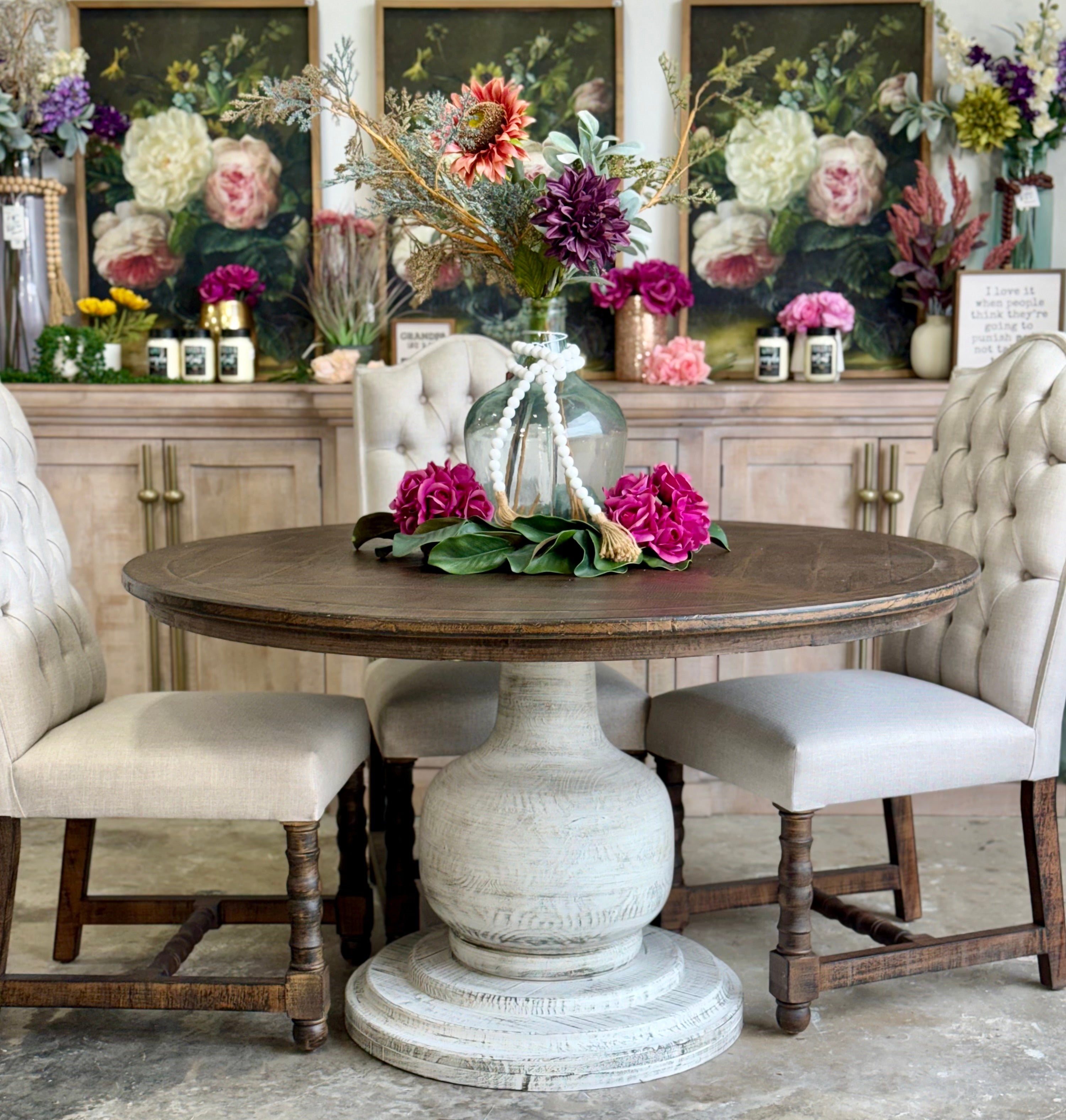 Lilly 54" Round Pedestal Dining Table-White Wheat/Honeywood