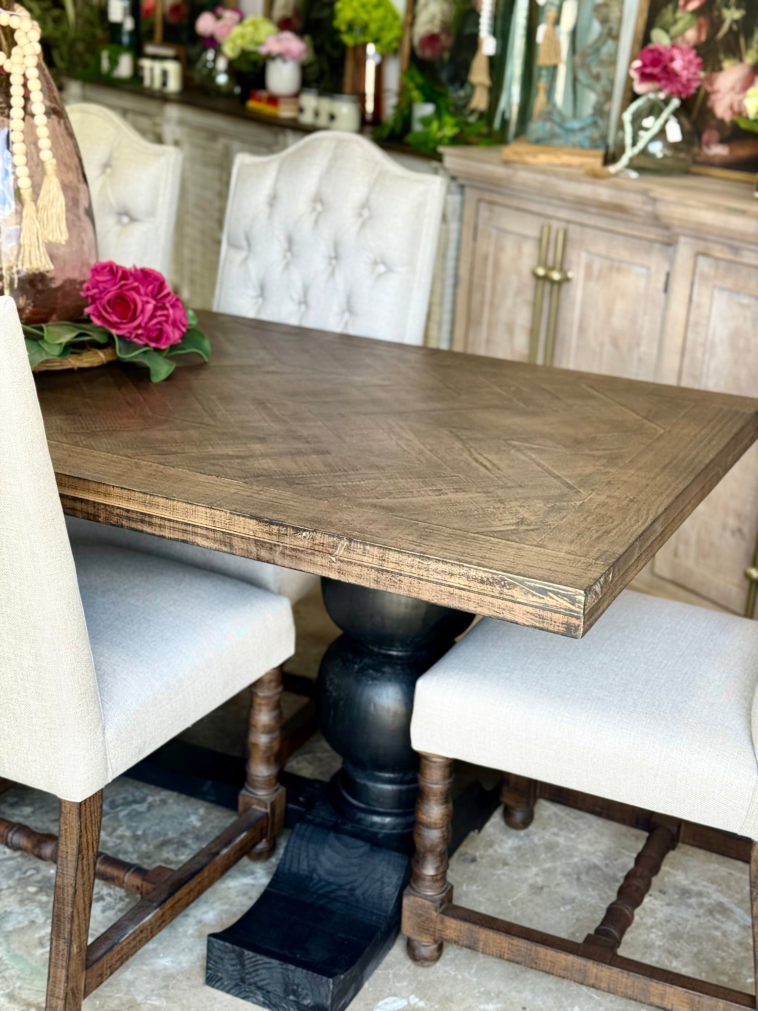 Myla 8 Foot Rounded Pedestal Table Set With 6 Upholstered chairs-Black/Honeywood™