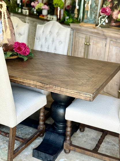 Myla 8 Foot Rounded Pedestal Table Set With 6 Upholstered chairs-Black/Honeywood™
