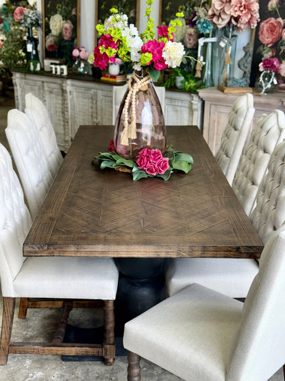 Myla 8 Foot Rounded Pedestal Table Set With 8 Upholstered chairs-Black/Honeywood™