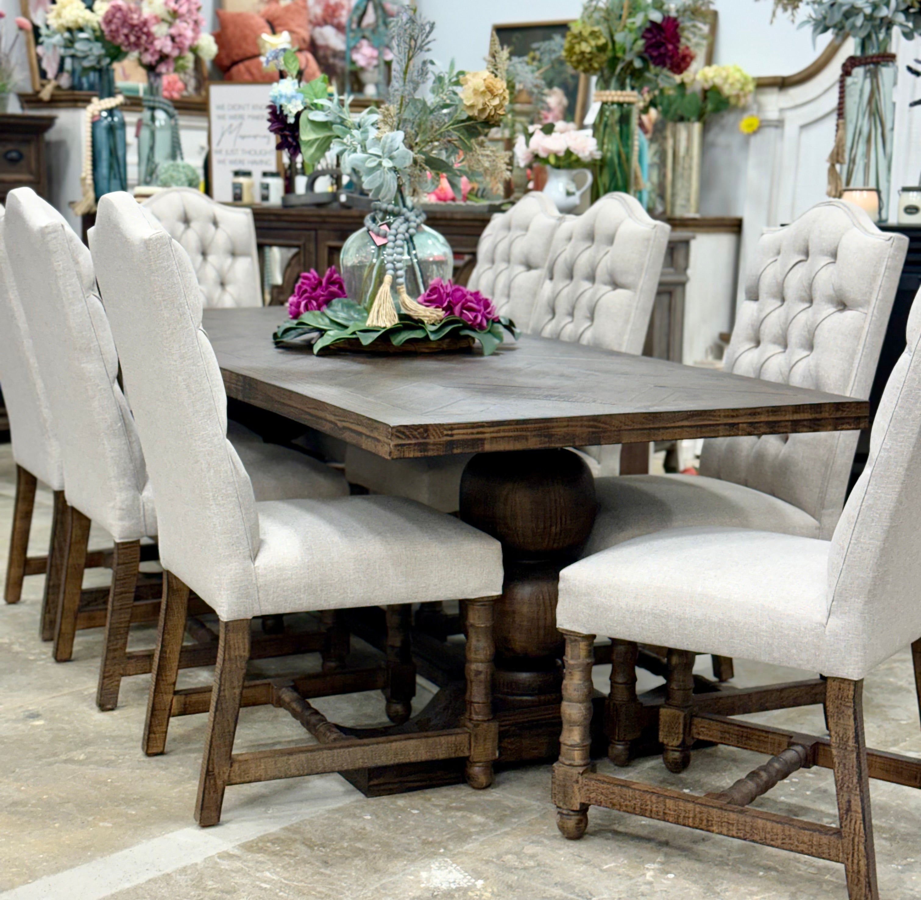 Myla 8 Foot Rounded Pedestal Table Set With 8 Upholstered chairs-Honeywood™