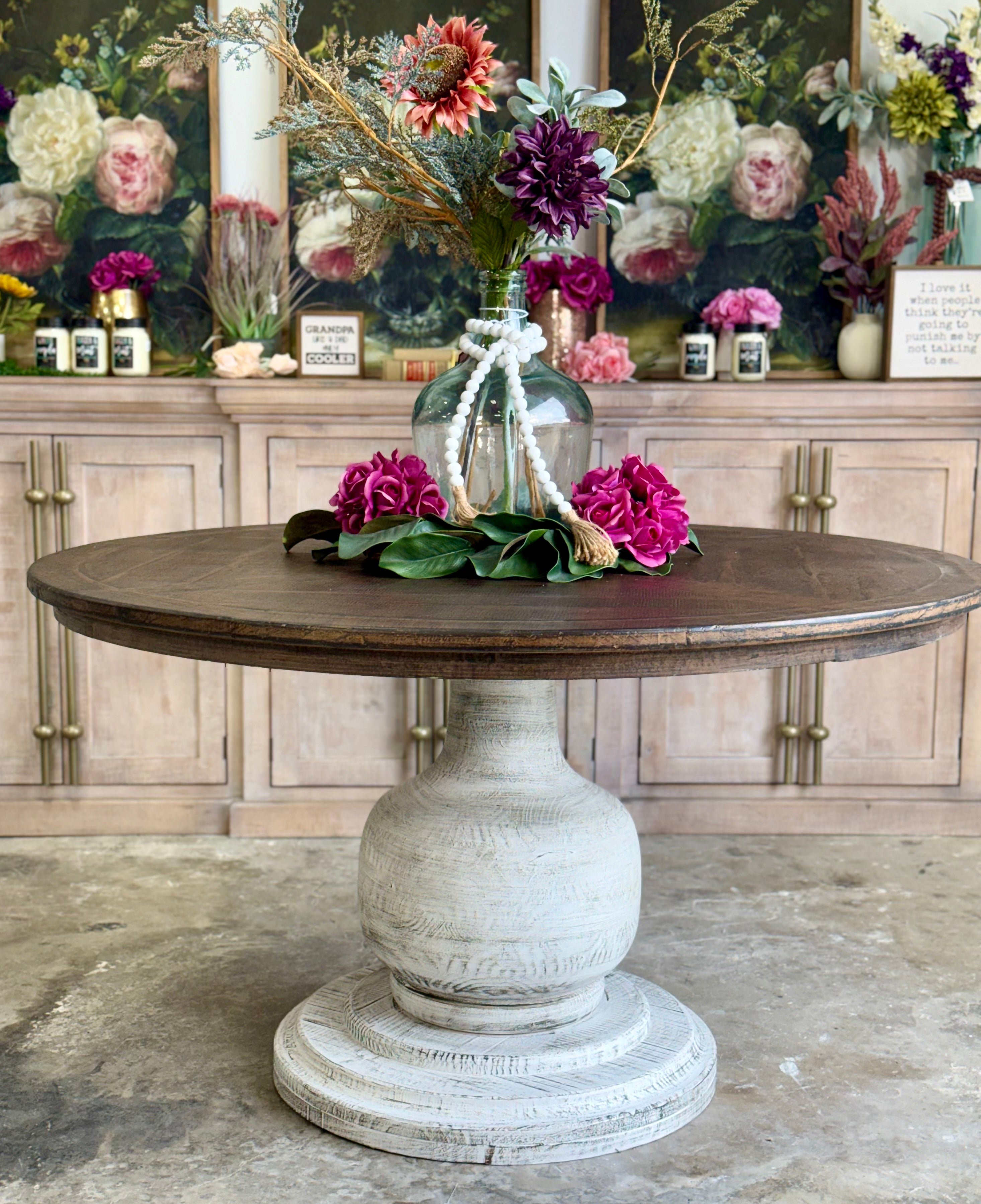 Lilly 54" Round Pedestal Dining Table-White Wheat/Honeywood