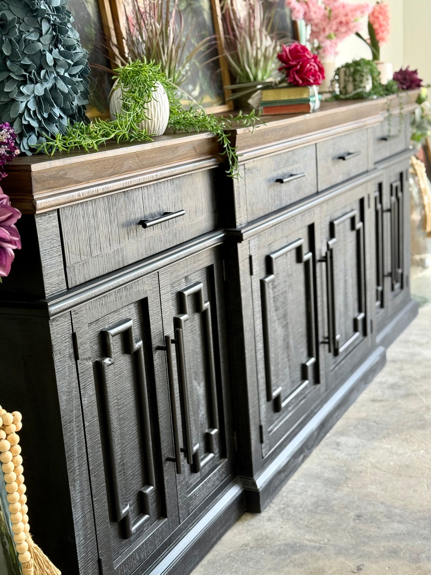 Reese 99" 6 Door Console-Black/Honeywood